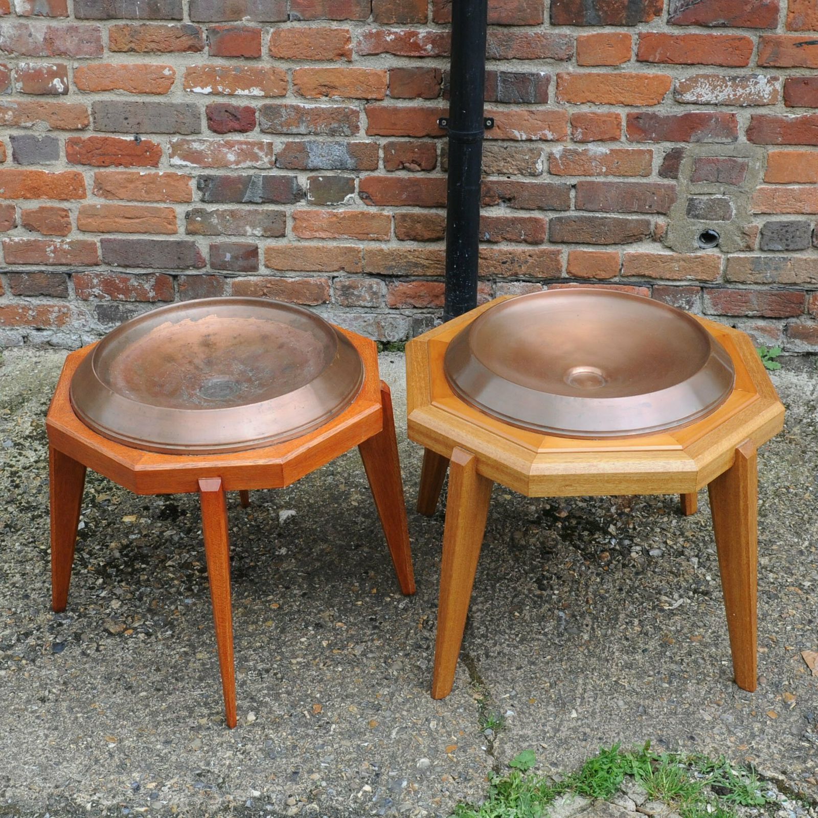 Unmatched Pair Of Octagonal Wooden Tables With Spun Copper Concave Tops, 1980s photo Furniture