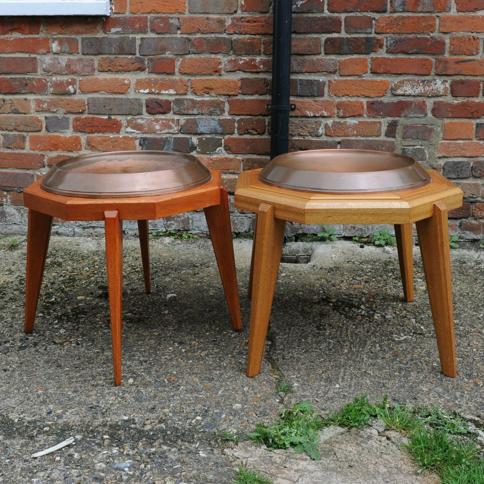 Unmatched Pair Of Octagonal Wooden Tables With Spun Copper Concave Tops, 1980s photo 795.0