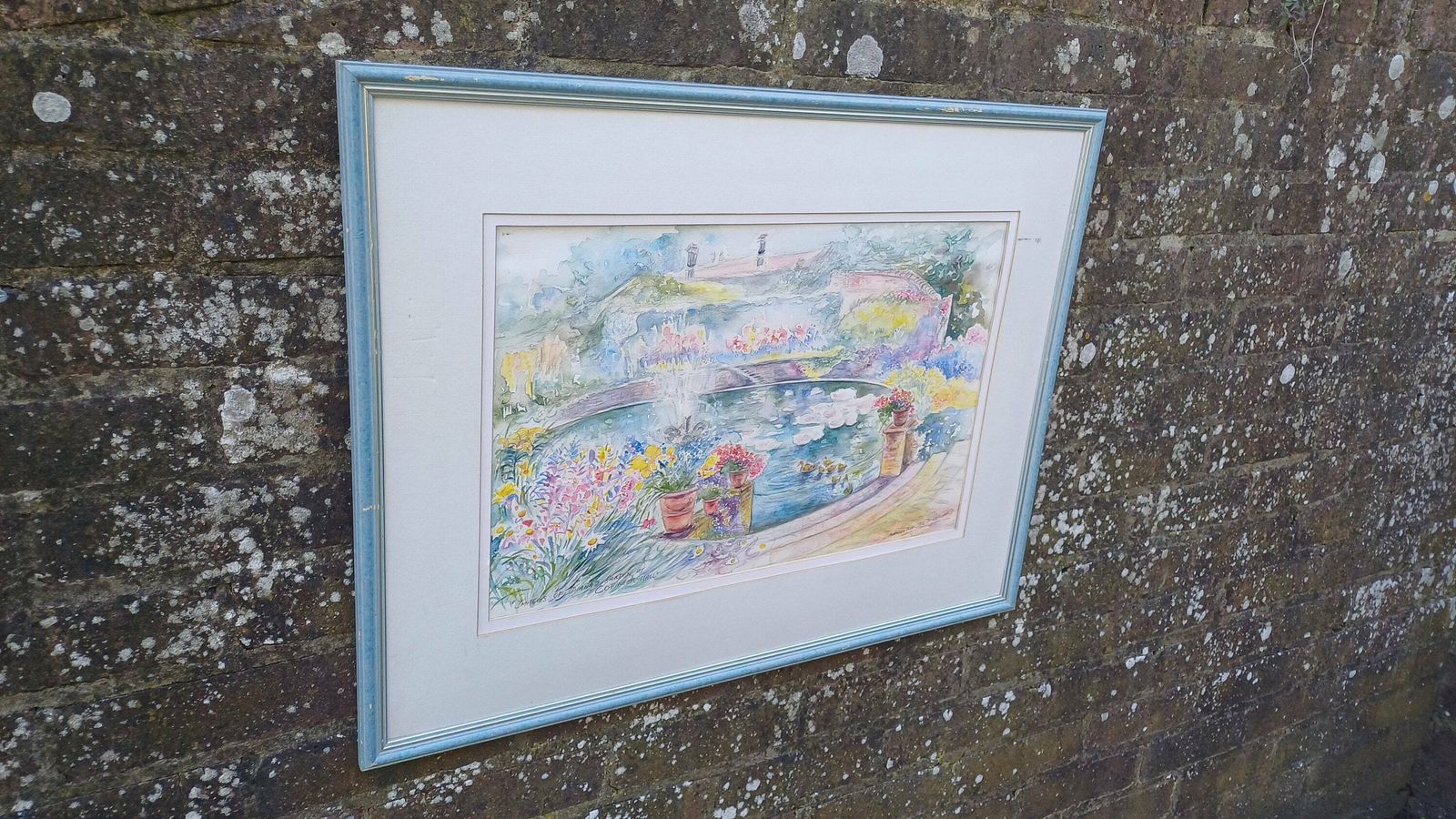 Wonderful Large Original Water Colour, Water Colour Painting Of Images Of Dianas Garden Copinger Hall, By Samantha Jill D Howard, Pond photo furniture