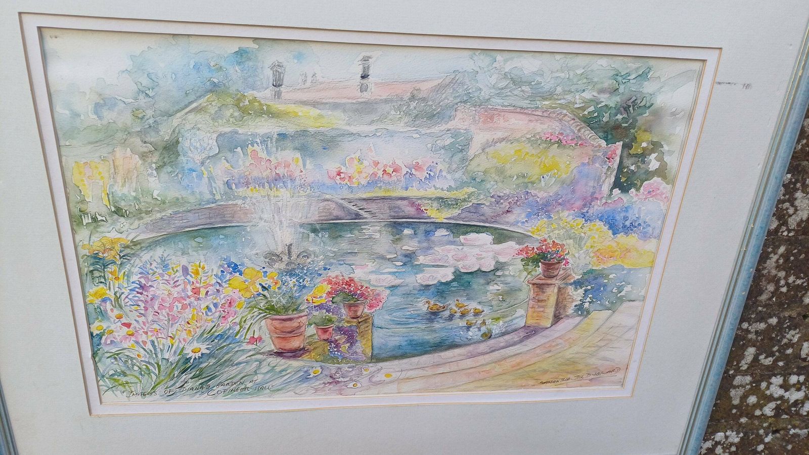 Wonderful Large Original Water Colour, Water Colour Painting Of Images Of Dianas Garden Copinger Hall, By Samantha Jill D Howard, Pond photo 75.0
