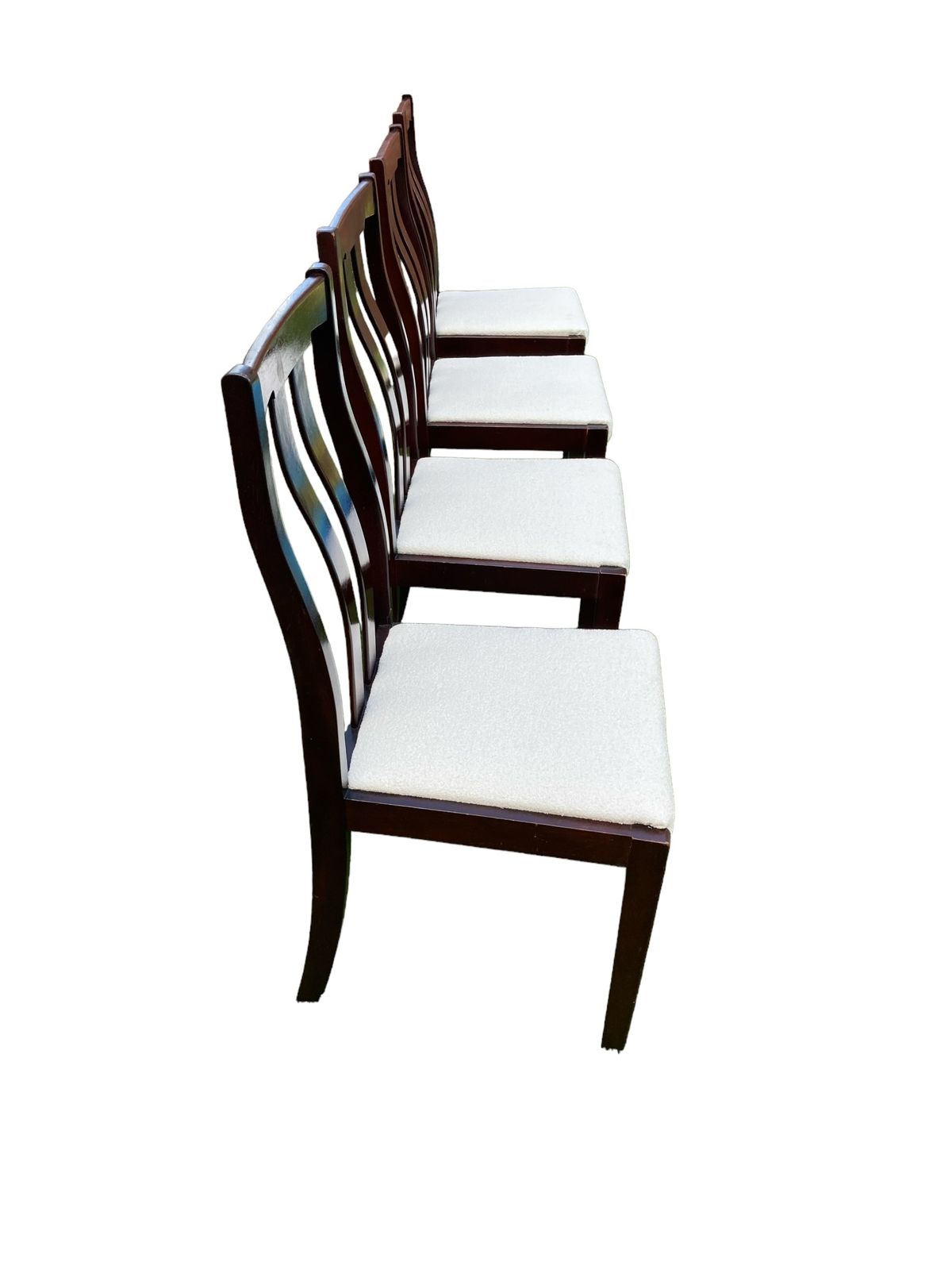 A Set Of Four Mid Century Meredew Dining Chairs, Deep Mahogany With Cream Paris Boucle photo for sale