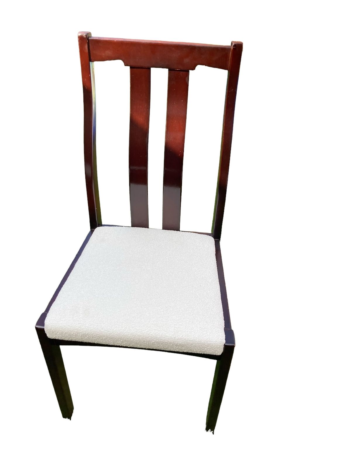 photo furniture A Set Of Four Mid Century Meredew Dining Chairs, Deep Mahogany With Cream Paris Boucle
