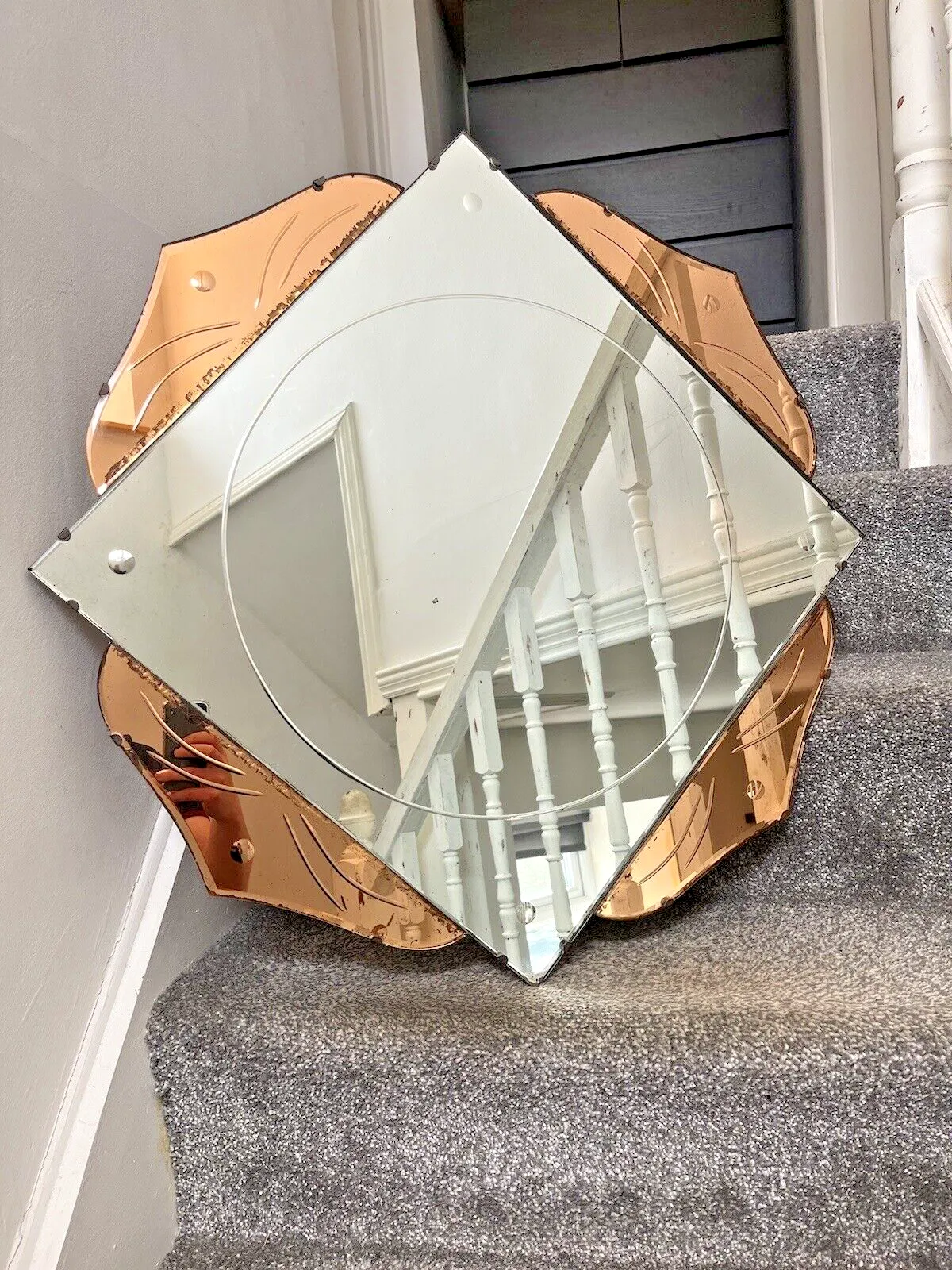 Huge 28" Beautiful 1930's Art Deco Flower Shaped Over Mantel Mirror Copper Peach photo furniture