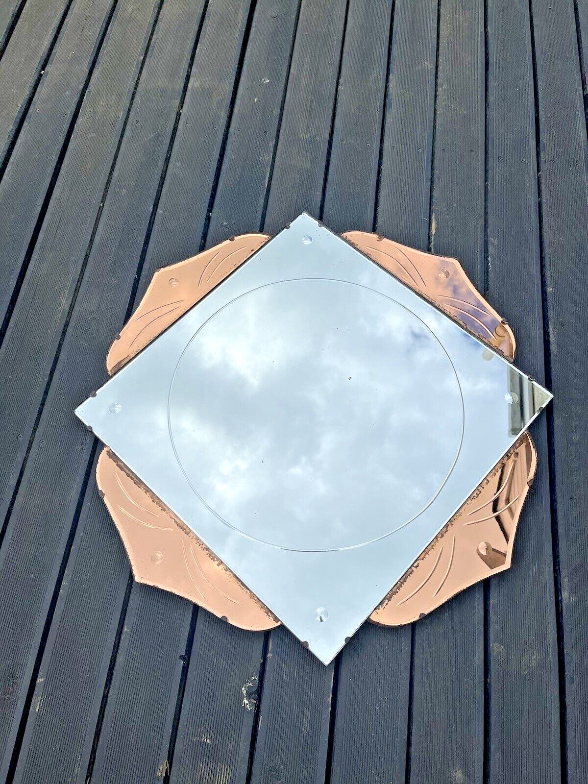 Huge 28" Beautiful 1930's Art Deco Flower Shaped Over Mantel Mirror Copper Peach photo vinterior