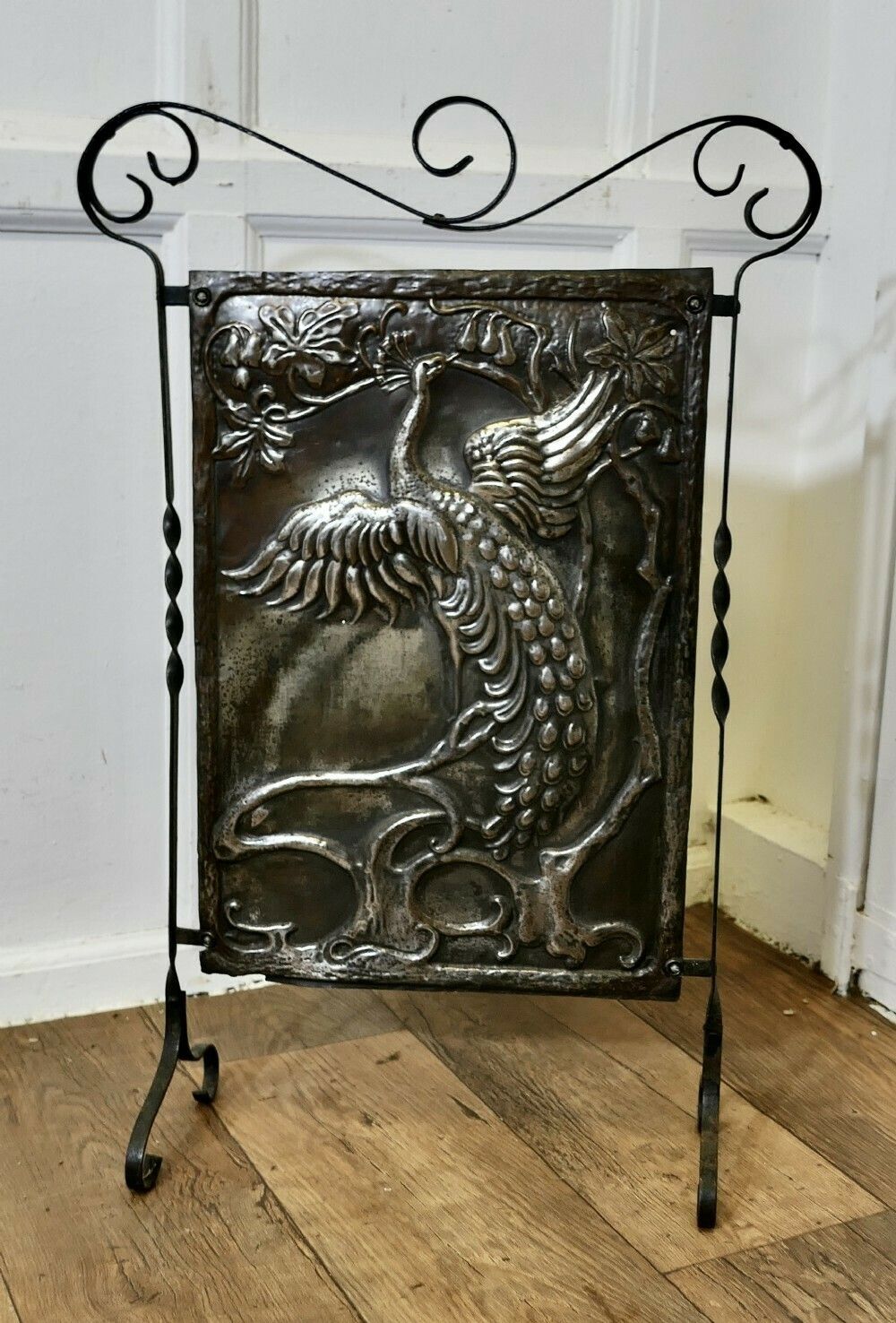 Arts And Crafts Peacock Polished Iron Fire Screen