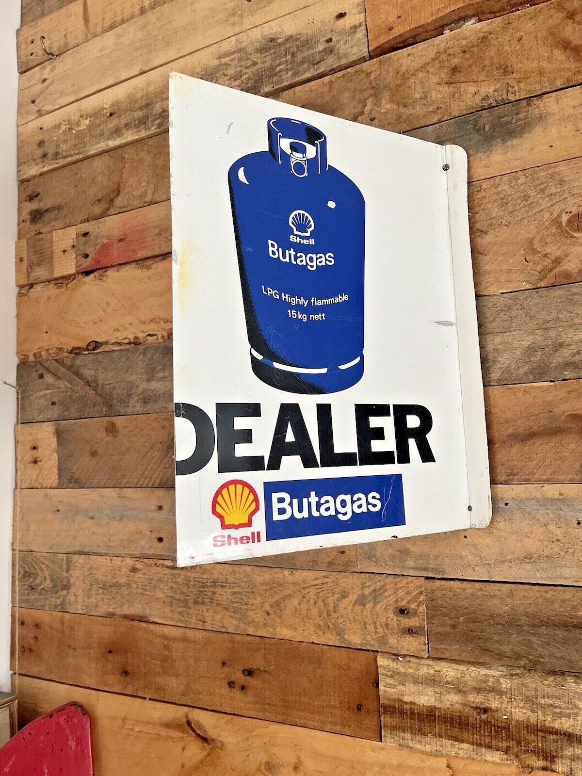 photo furniture Vintage Shell Butagas Dealer Gas Bottle Metal Flange Garage Petrol Station Sign