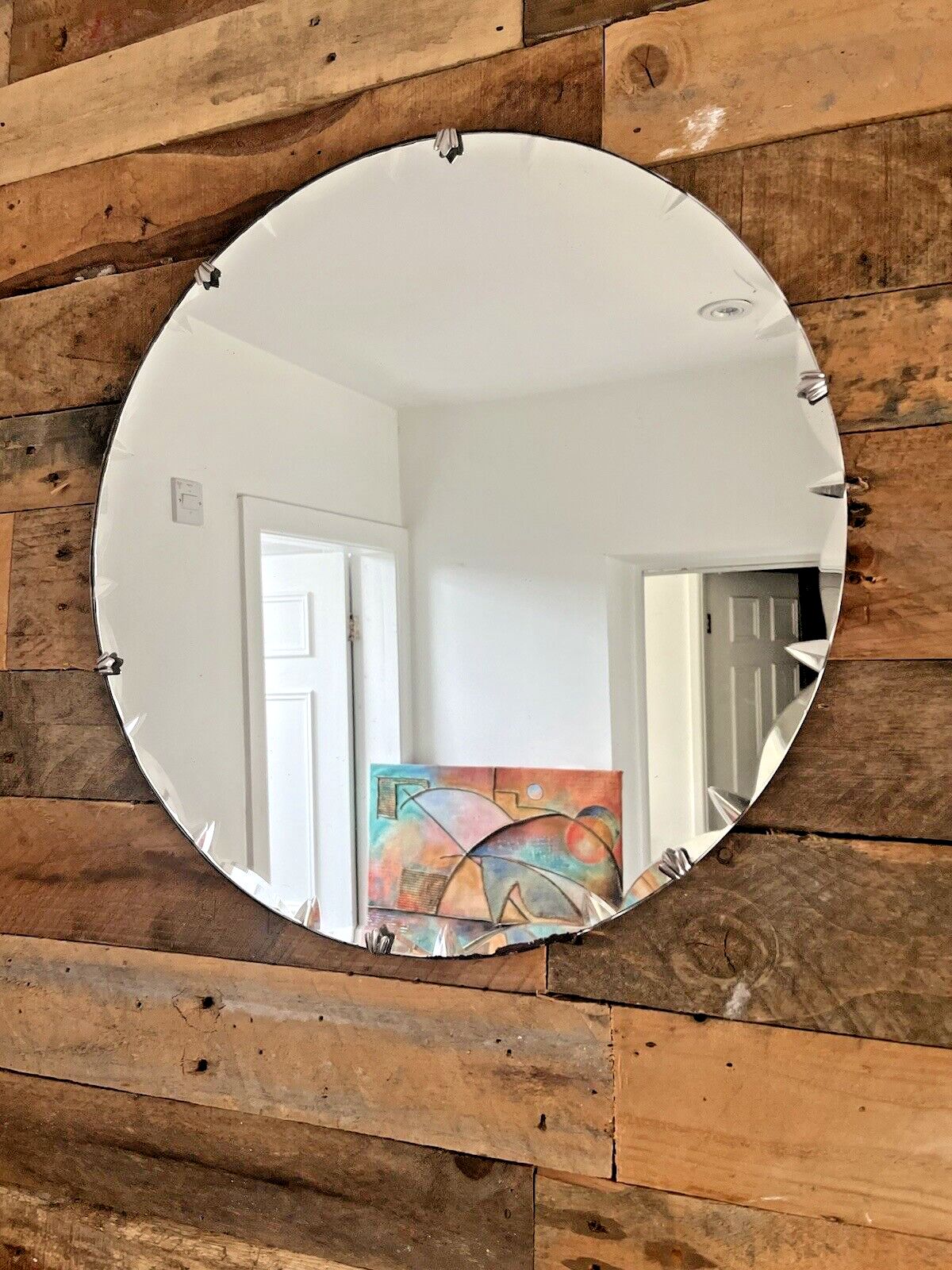 Antique Art Deco Period 30's Round Scallop Shell Faceted Edge Wall Mirror G.U.S.