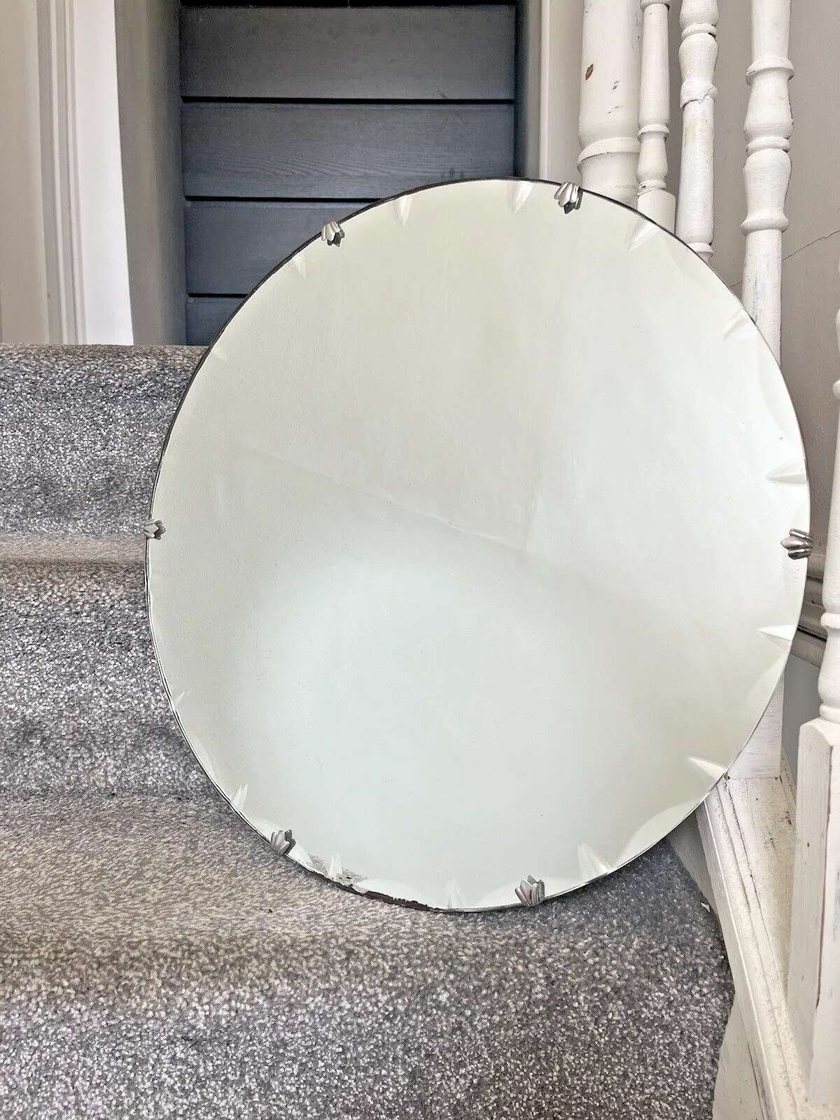 Antique Art Deco Period 30's Round Scallop Shell Faceted Edge Wall Mirror G.U.S. photo for sale