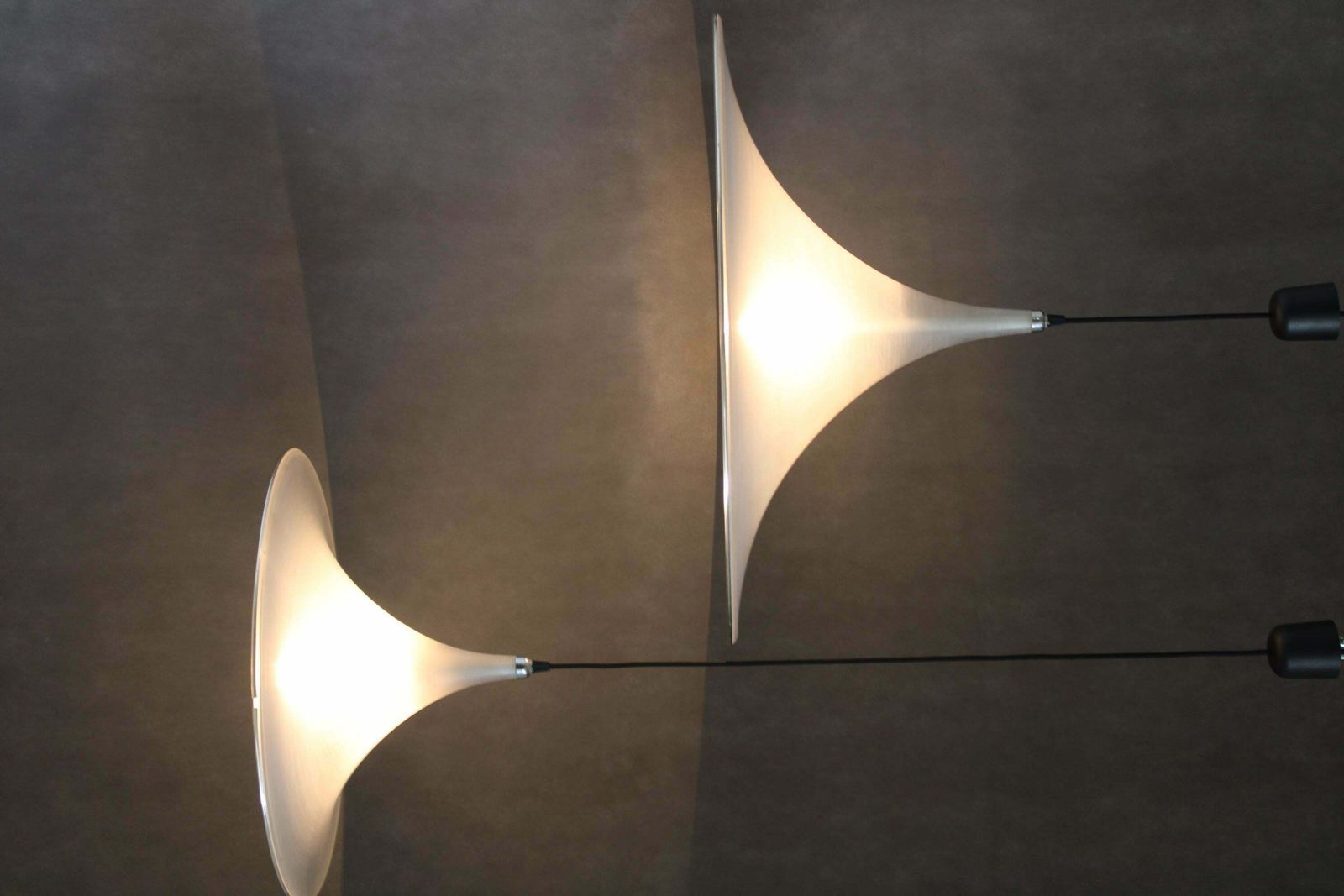 photo for sale 1970s Pair Of Guzzini "Trumpet" Pendant Lamps By Meblo , Italy