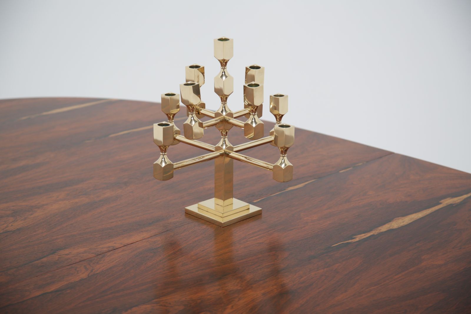 Brutalist Brass 9 Arm Candelabra By Lars Bergsten For Gusum, Sweden, 1982.