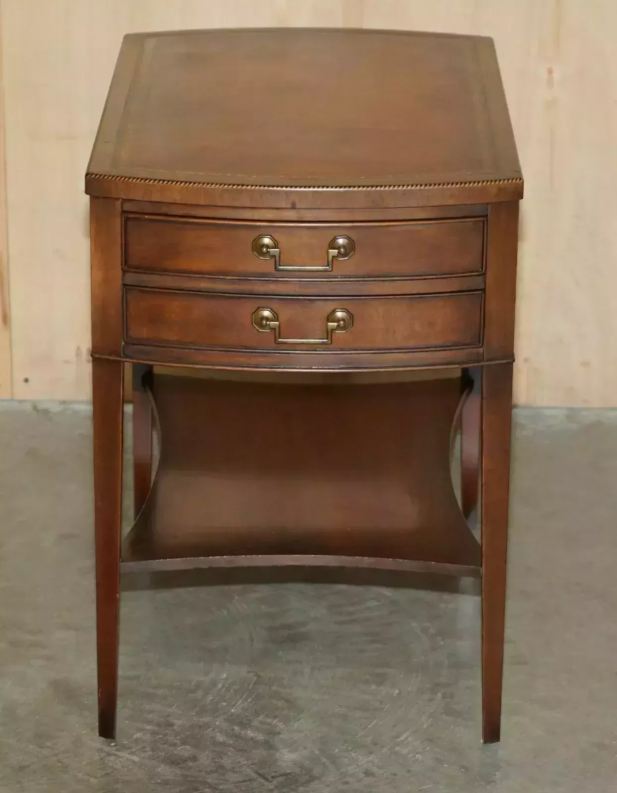 Pair Of Vintage Fully Stamped Grand Rapids Mich Brown Leather Side Lamp Tables photo vinterior
