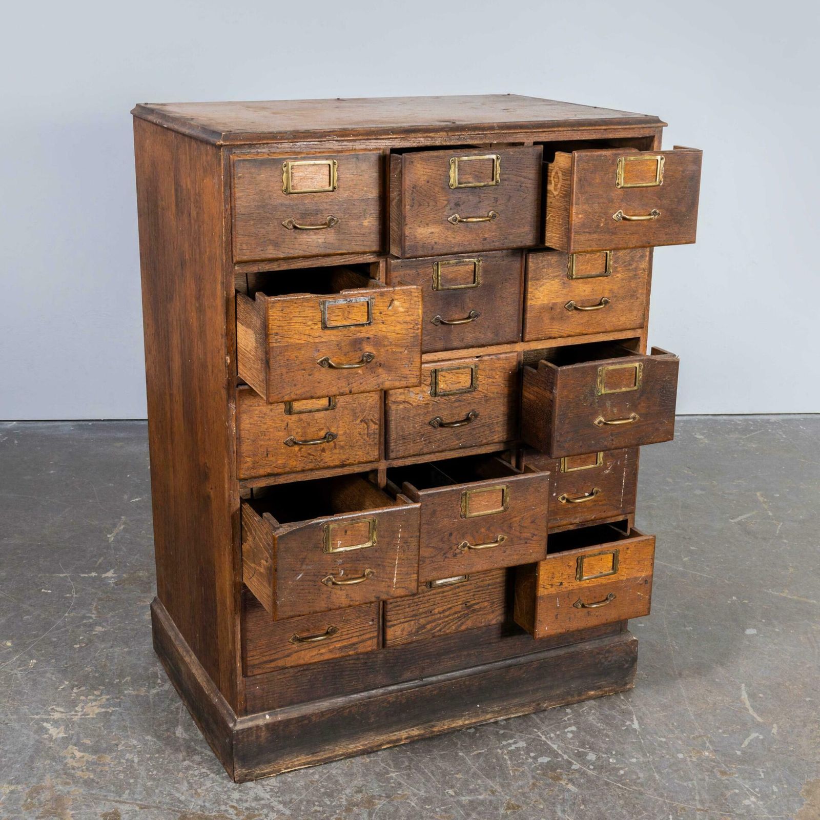 1940’s Small Oak French Atelier Filing Bank Of Drawers