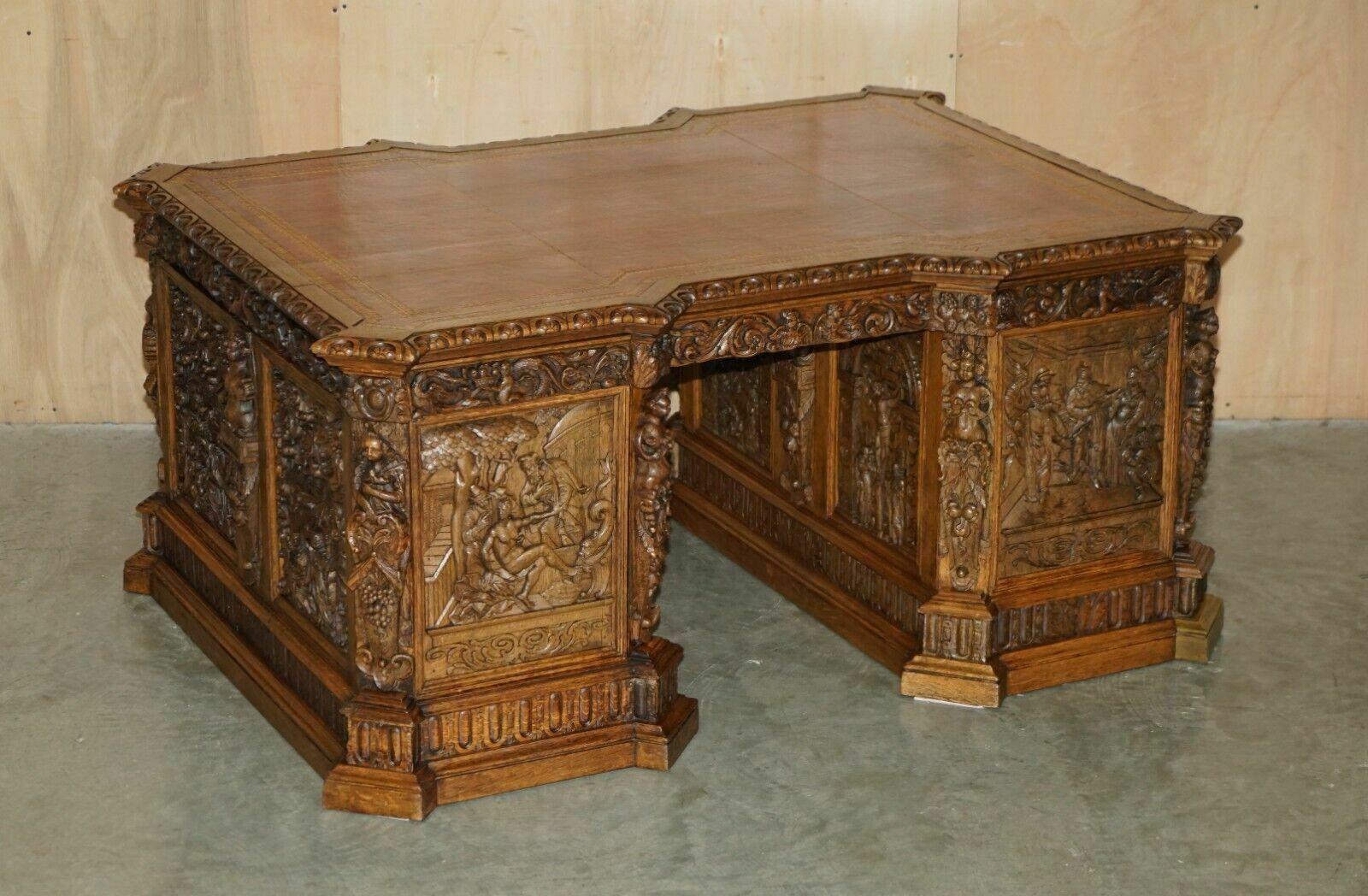 Museum Quality Antique Partner Desk 17th Century Hand Carved Religious Panels