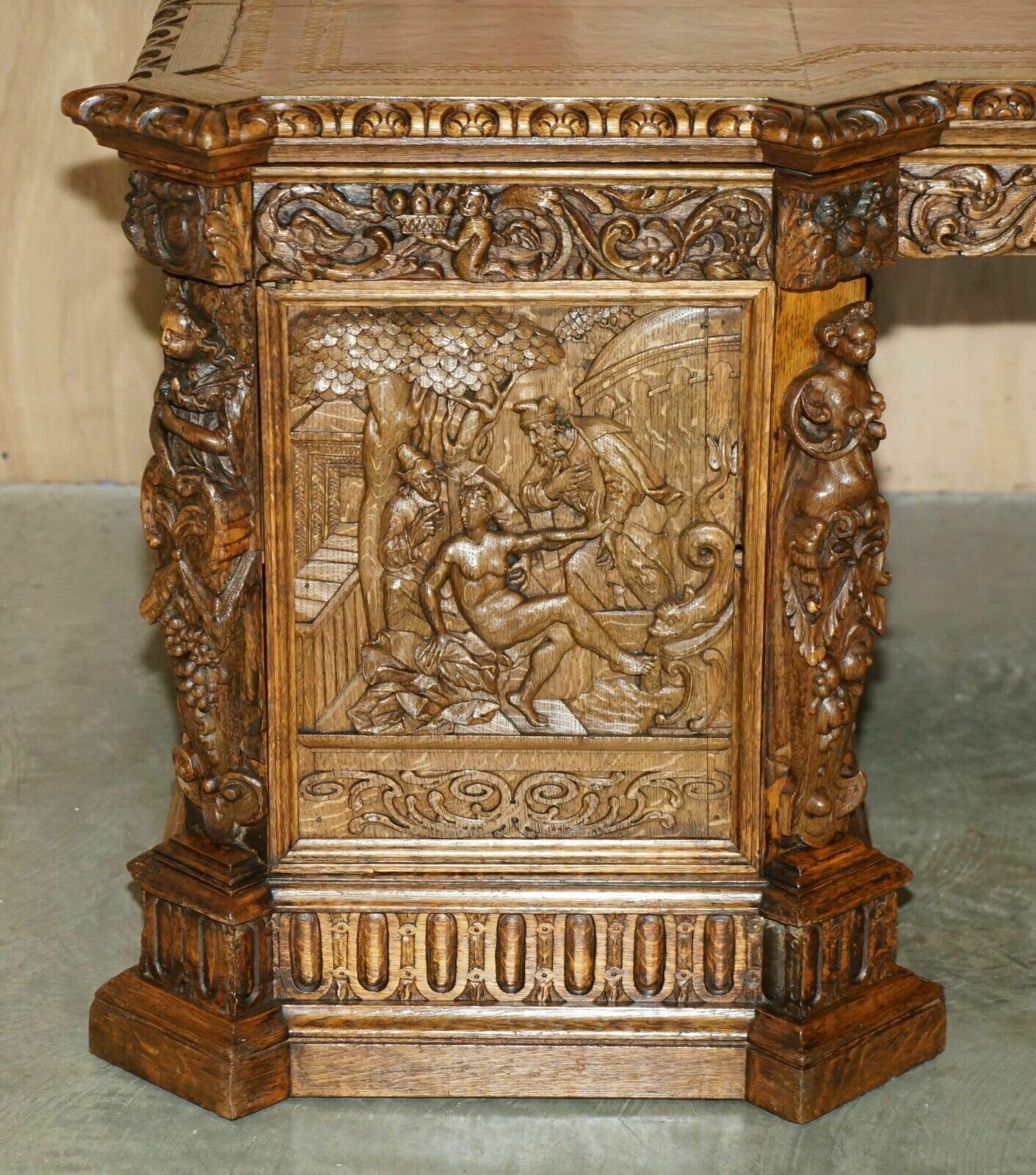 Museum Quality Antique Partner Desk 17th Century Hand Carved Religious Panels photo 50000.0