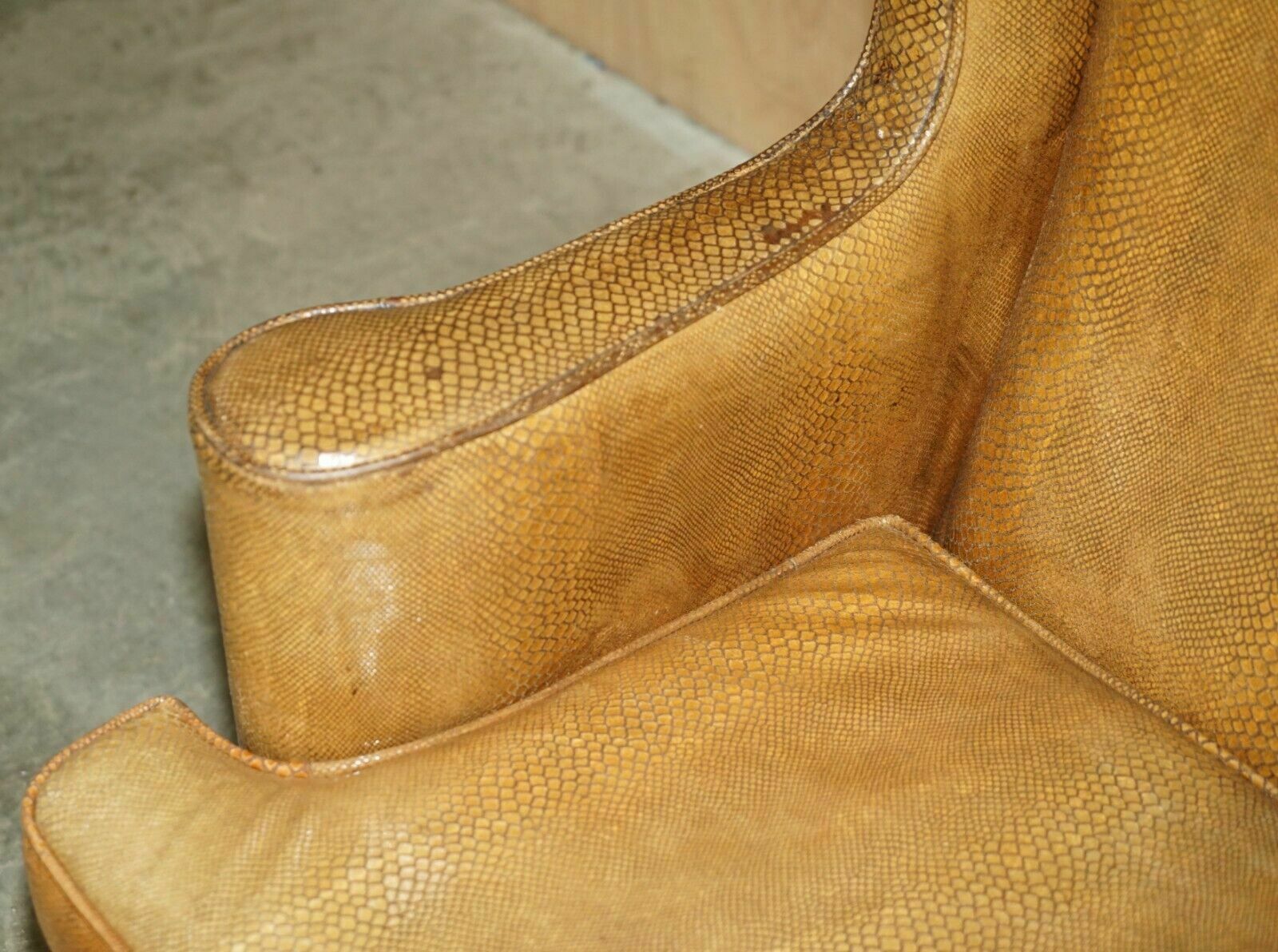 Exquisite Spanish Wingback Armchair With Alligator Crocodile Leather Upholstery photo vintage