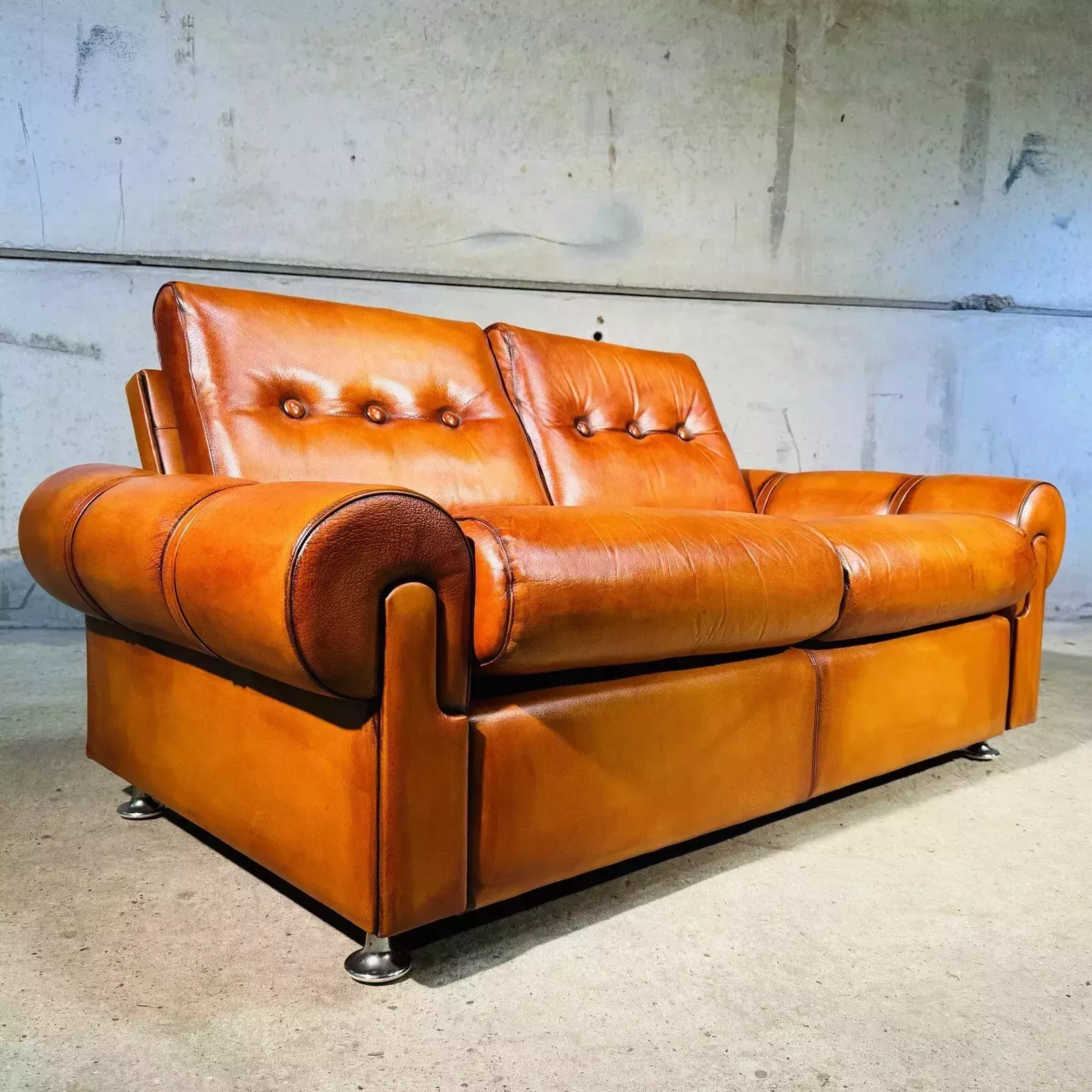 Vintage Retrodanish Leather Two Seater Sofa Hand Dyed Tan, Strap Detail #A212 photo buy