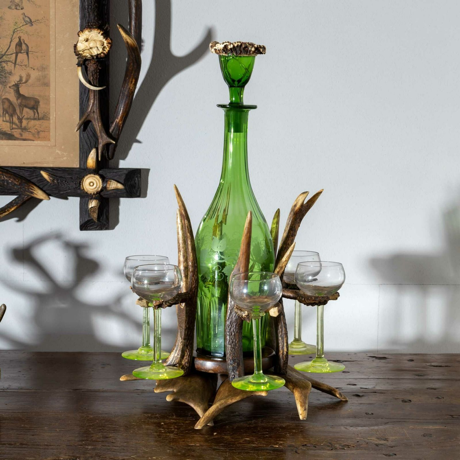 photo furniture Glass Decanter In A Hunting Bottle Holder, Germany, Early 20th Century