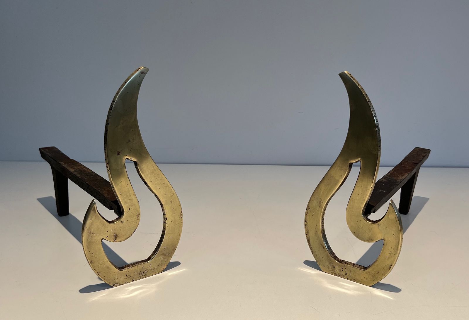 Pair Of Flame Andirons In Brass photo Home Fixtures