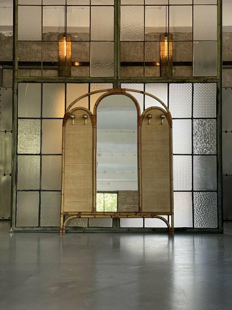 Large Mid Century Modern Italian Rattan Coat Rack With Mirror And Brass Hooks, 1960s photo for sale