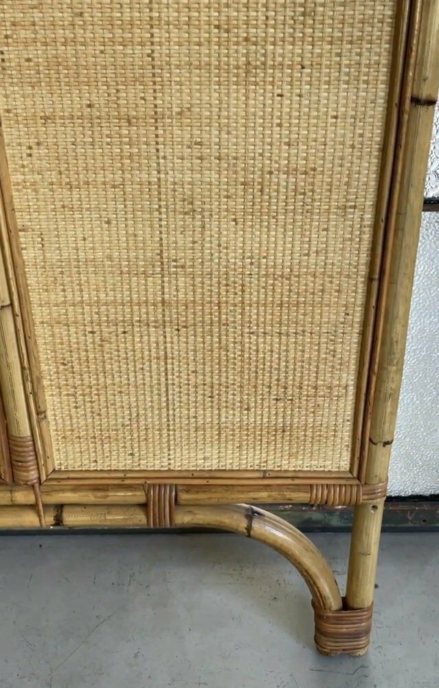 Large Mid Century Modern Italian Rattan Coat Rack With Mirror And Brass Hooks, 1960s photo Furniture