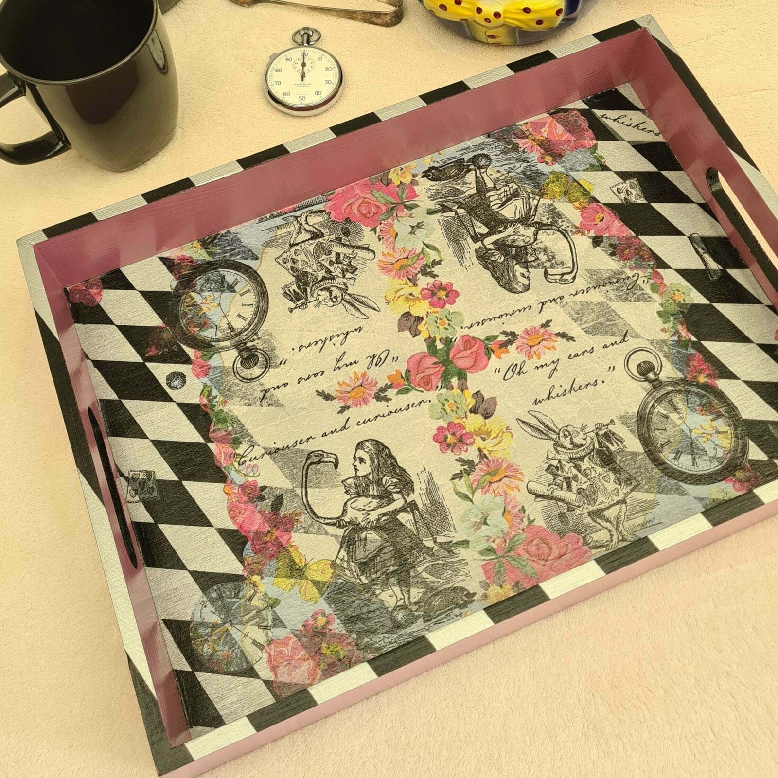 Alice In Wonderland Tray With Handles, Handmade Home Decor For Serving Breakfast Tea Cocktails