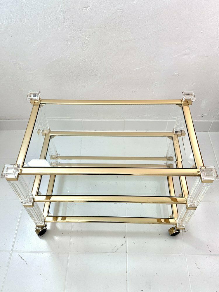 Mid Century Acrylic Three Tier Bar Cart With Brass Details, 1970s photo furniture