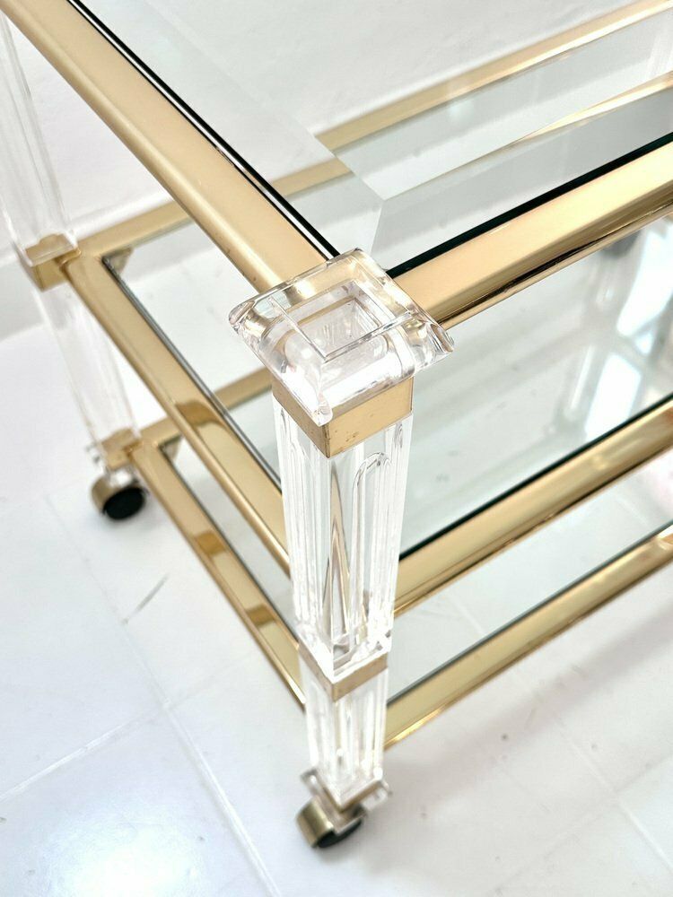 Furniture Mid Century Acrylic Three Tier Bar Cart With Brass Details, 1970s photo