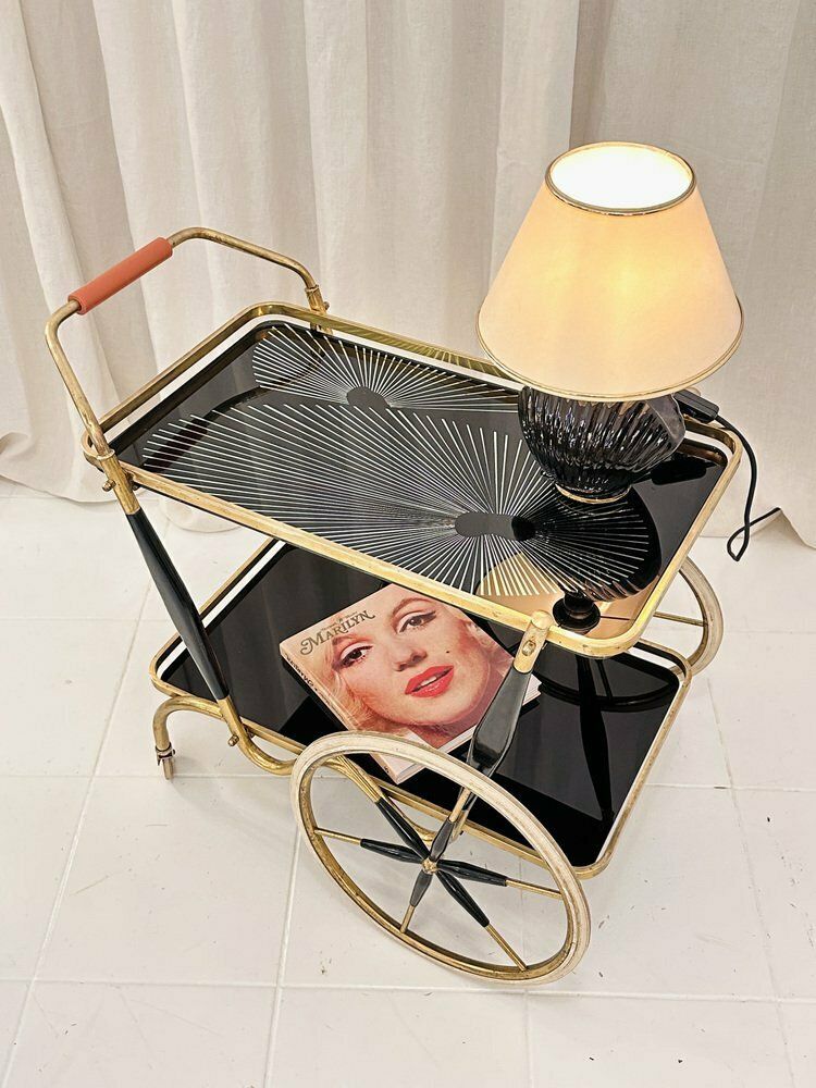 Art Deco Brass And Black Glass Serving Bar Trolley, 1950s photo furniture