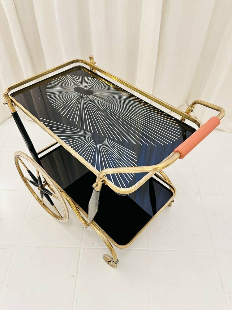 Art Deco Brass And Black Glass Serving Bar Trolley, 1950s photo Furniture