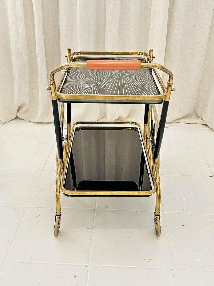 Art Deco Brass And Black Glass Serving Bar Trolley, 1950s photo vinterior