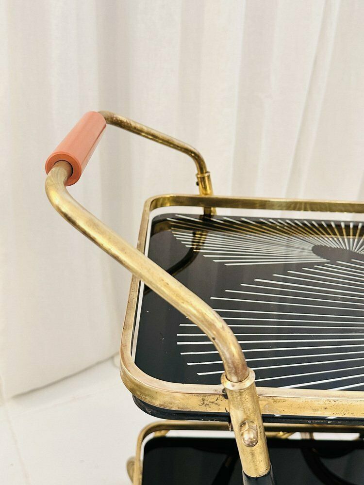photo buy Art Deco Brass And Black Glass Serving Bar Trolley, 1950s