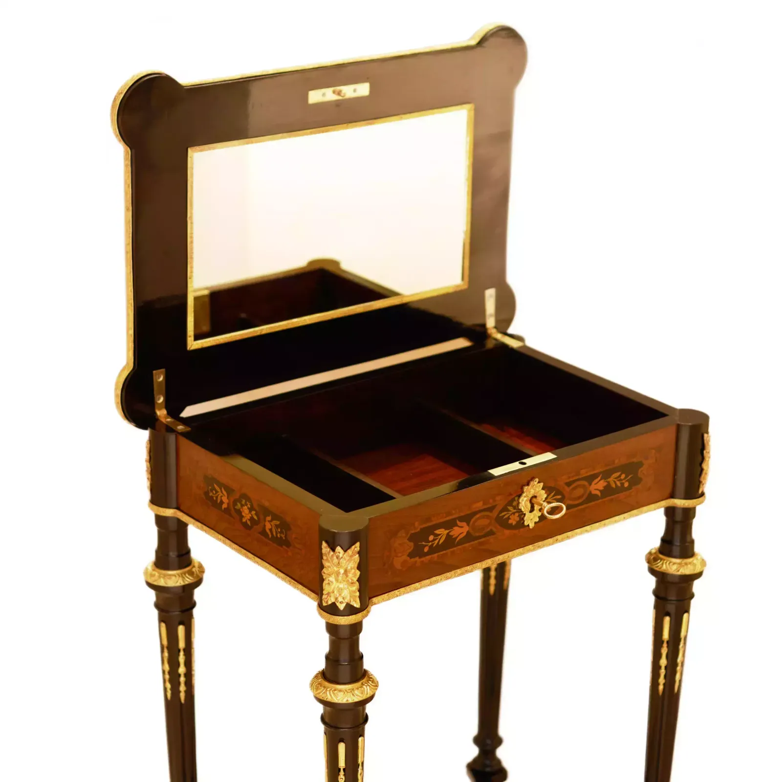 photo furniture A Lovely Inlaid Wood Dressing Table With Gilded Bronze. France Late 19th Century.