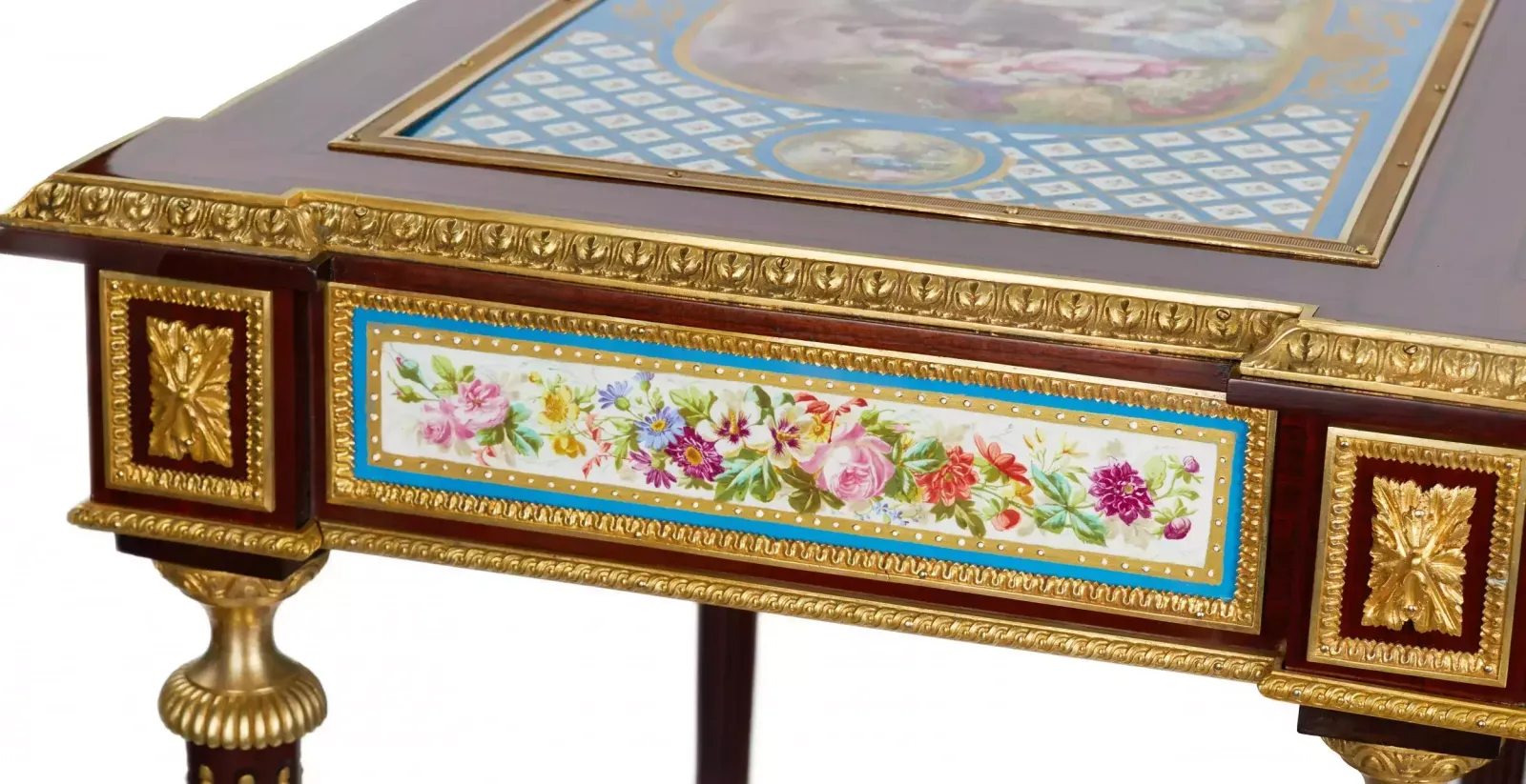 Furniture A Magnificent Ladies Table With Gilded Bronze Decor And Porcelain Panels In The Style Of Adam Weisweiler. France. 19th Century photo