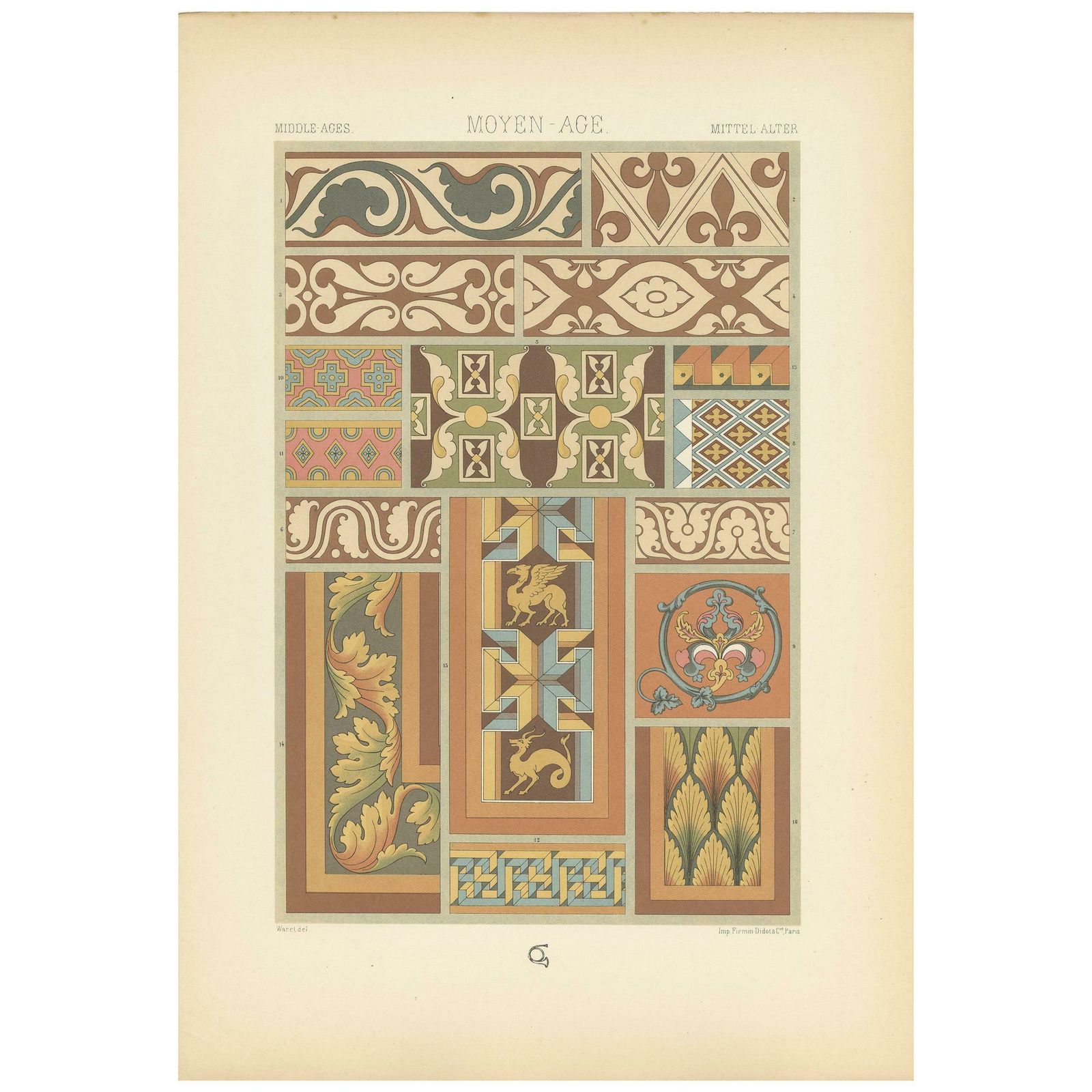 Pl. 49 Antique Print Of Middle Ages Mural Motifs Buildings By Racinet Circa 1890