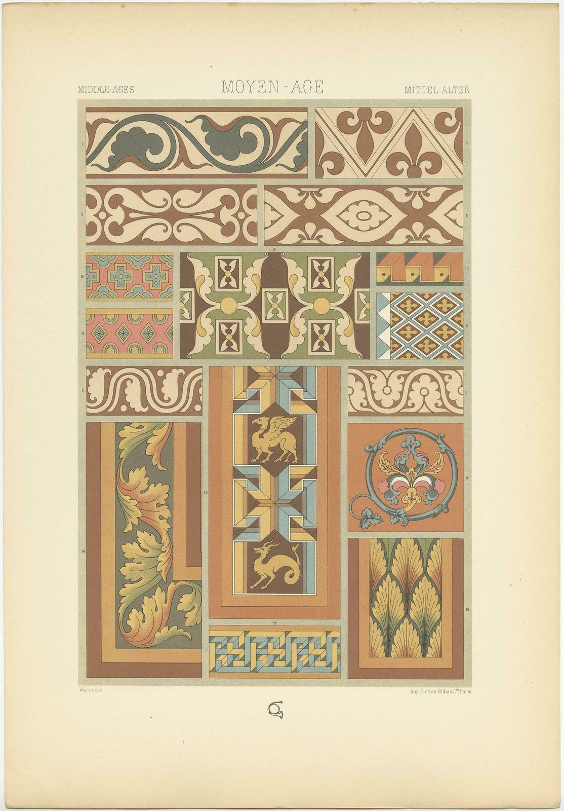 Pl. 49 Antique Print Of Middle Ages Mural Motifs Buildings By Racinet Circa 1890 photo for sale