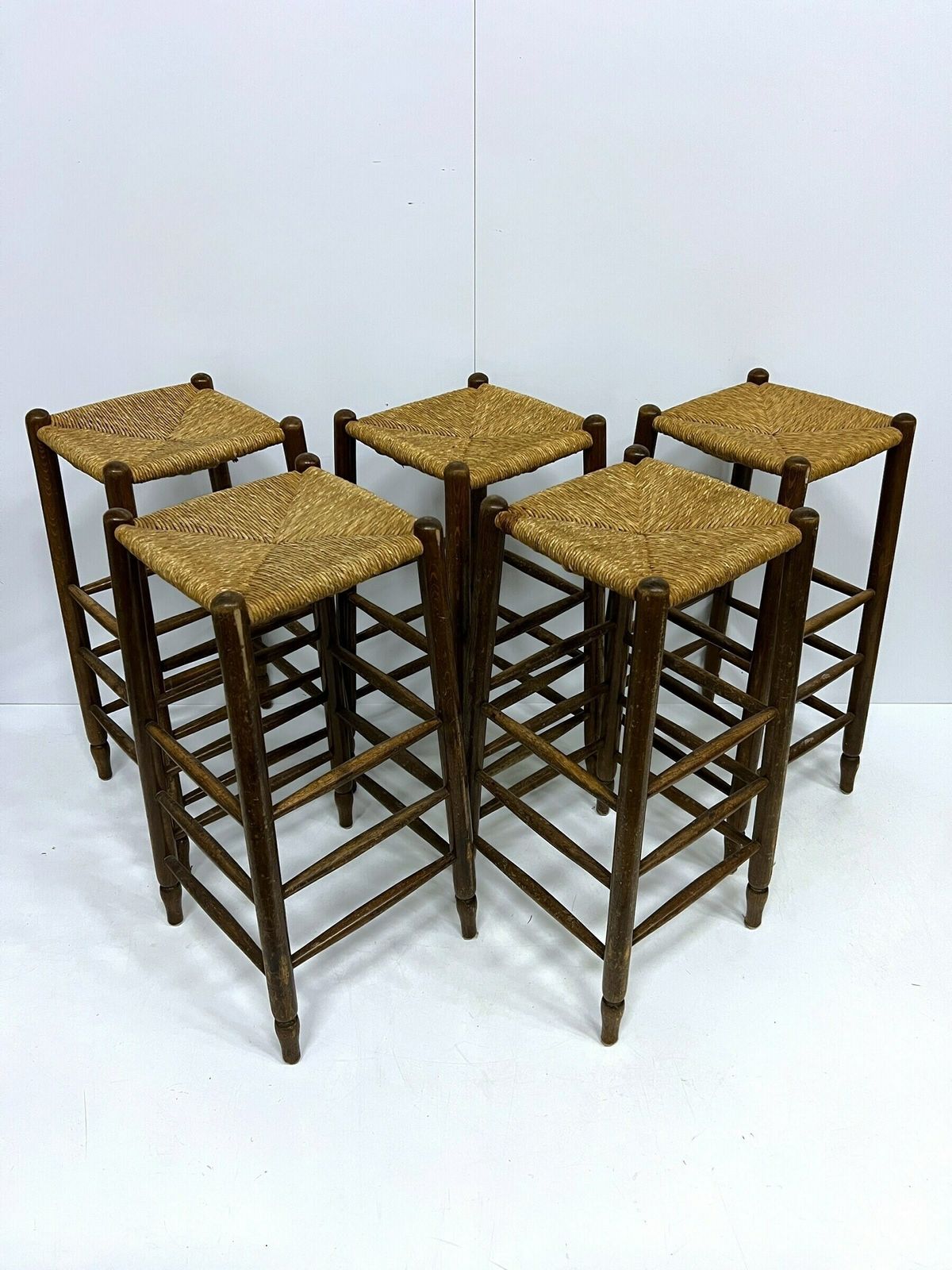 1 Of 3 Vintage Bar Stools, Farmhouse Style Furniture, Woven Rattan Seats, Homebar Kitchen Stools, Oak Wood Chairs photo vintage