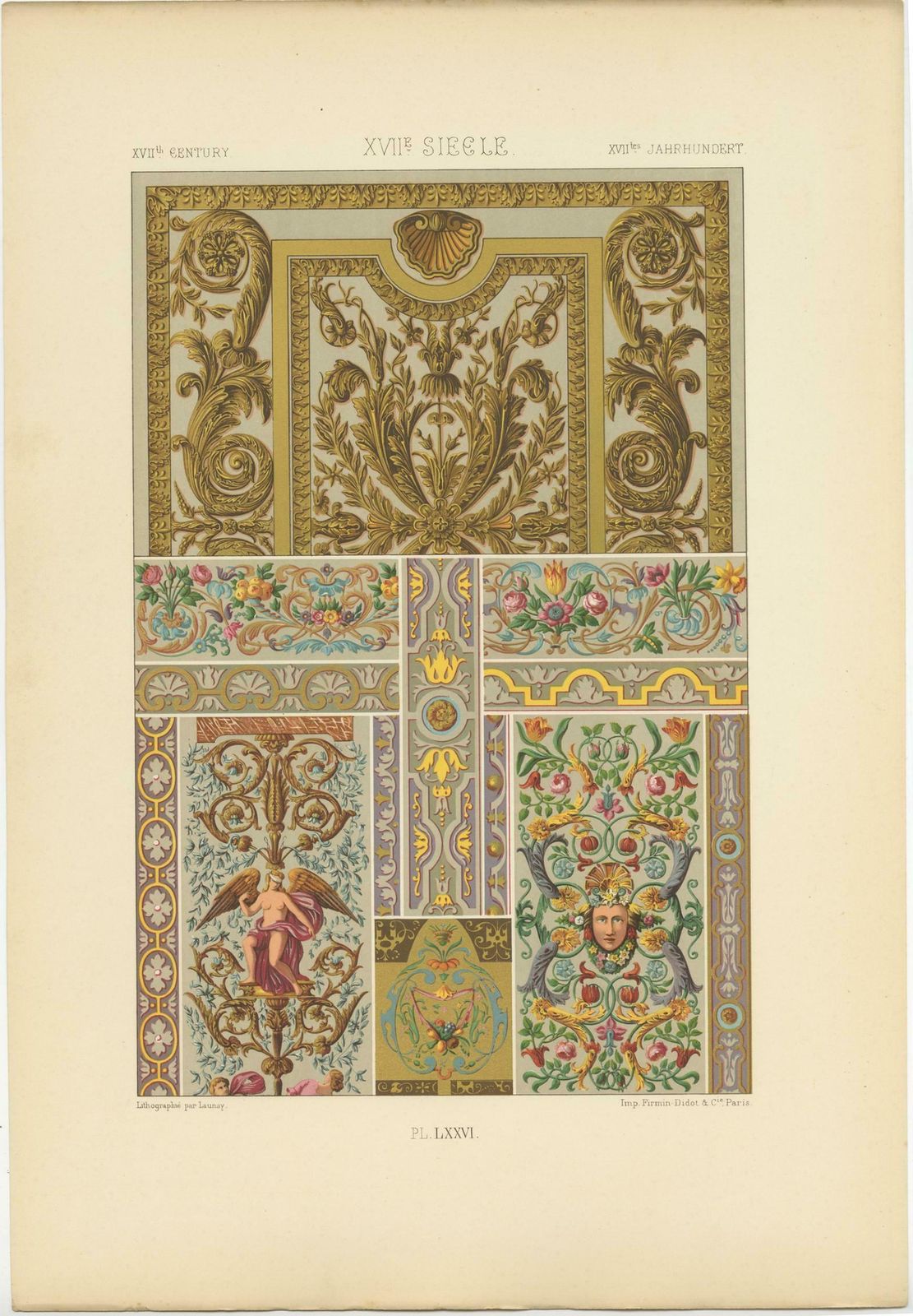 Pl. 76 Antique Print Of Xviith Century Ornaments By Racinet (C.1890) photo Art