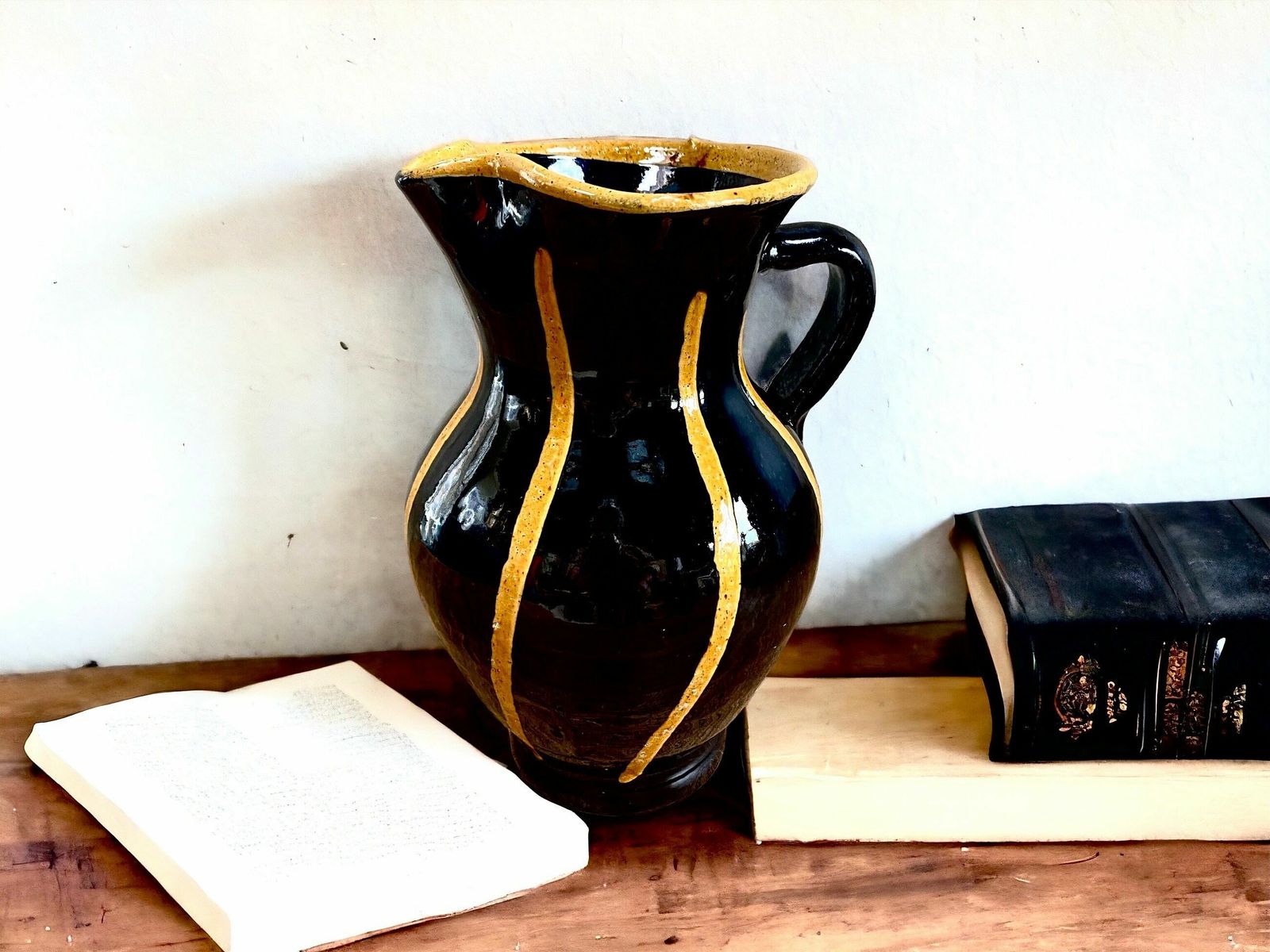 Ceramic Vintage Mustard And Black Hand Painted Vase. photo furniture