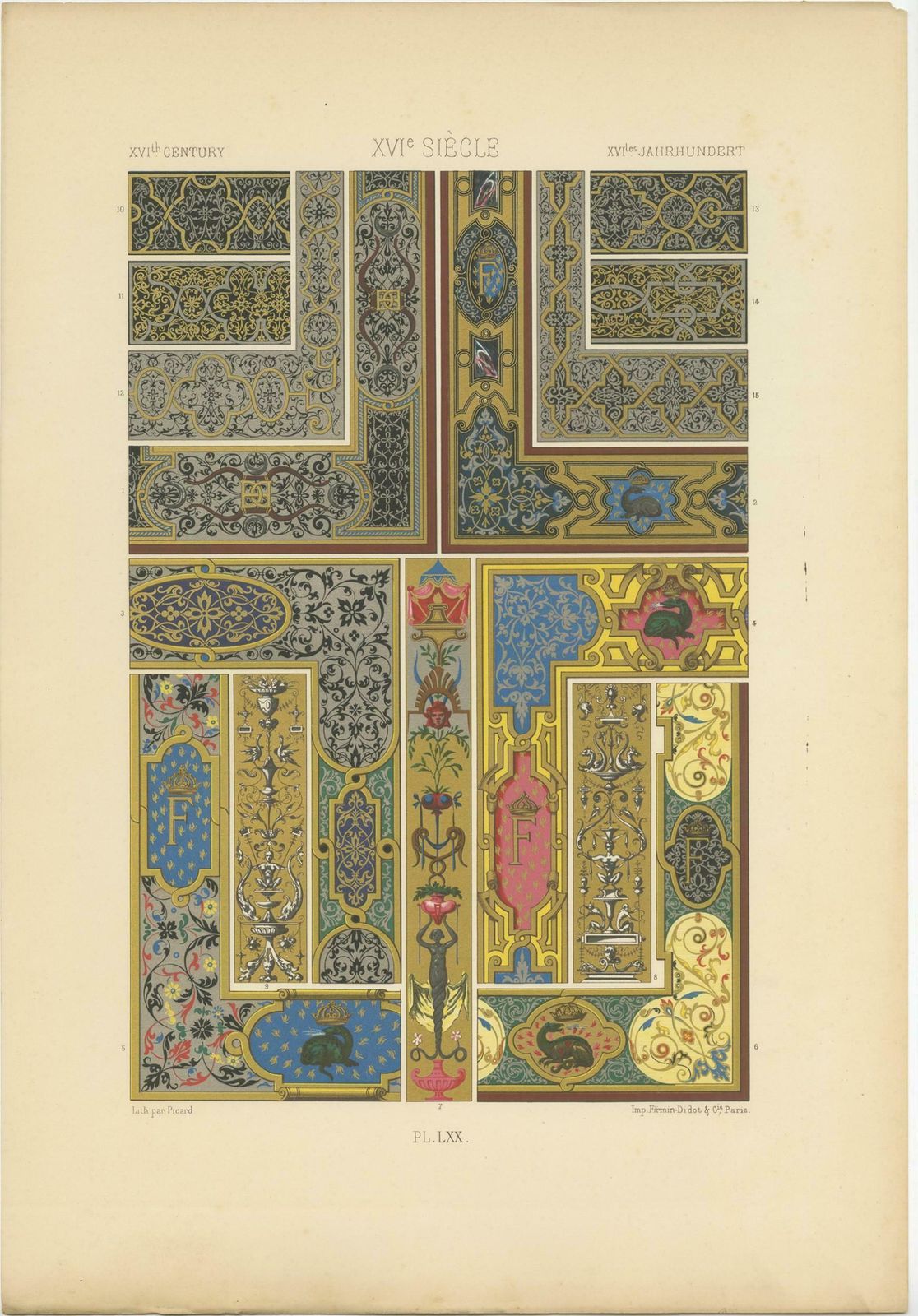 Pl. 70 Antique Print Of Xvith Century Ornaments By Racinet, Circa 1890 photo Art