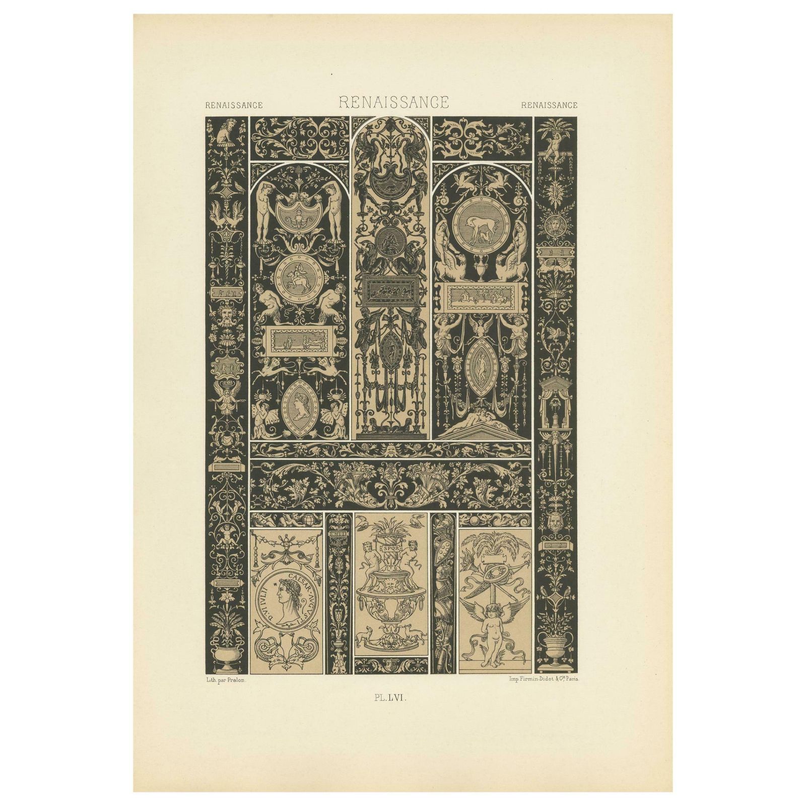 Pl. 56 Antique Print Of Renaissance Ornaments By Racinet, Circa 1890