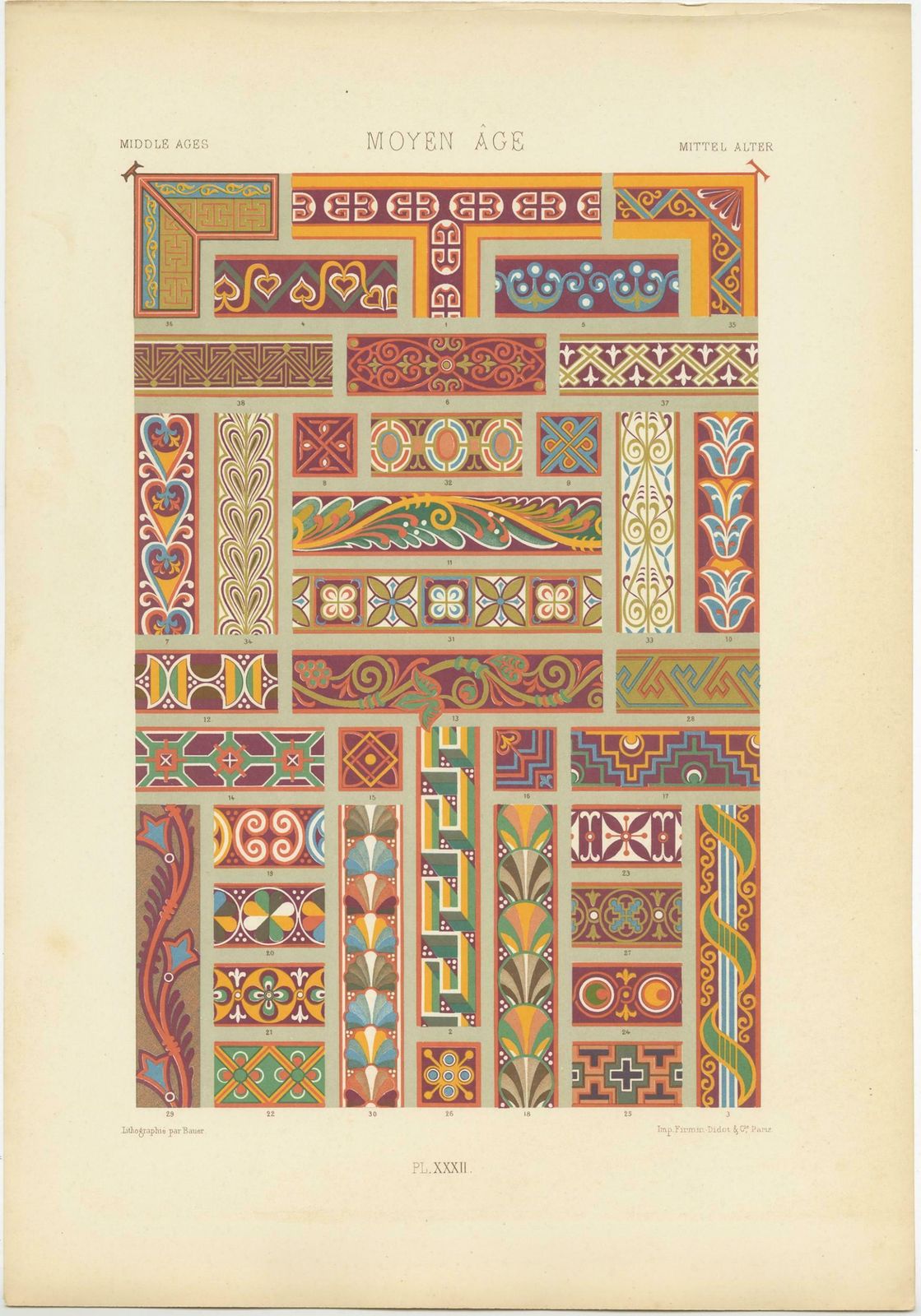 Pl. 32 Antique Print Of Middle Ages Ornaments By Racinet (C.1890) photo furniture