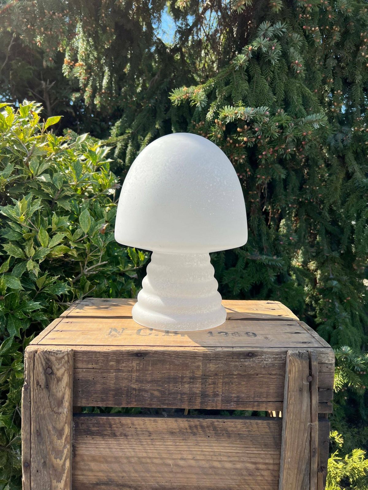 photo furniture Peill Putzler Inspired Table Lamp, White Glass Freckled, Mushroom Shape Design, Simple Sphere Lamp, Mid Century Modern Interior