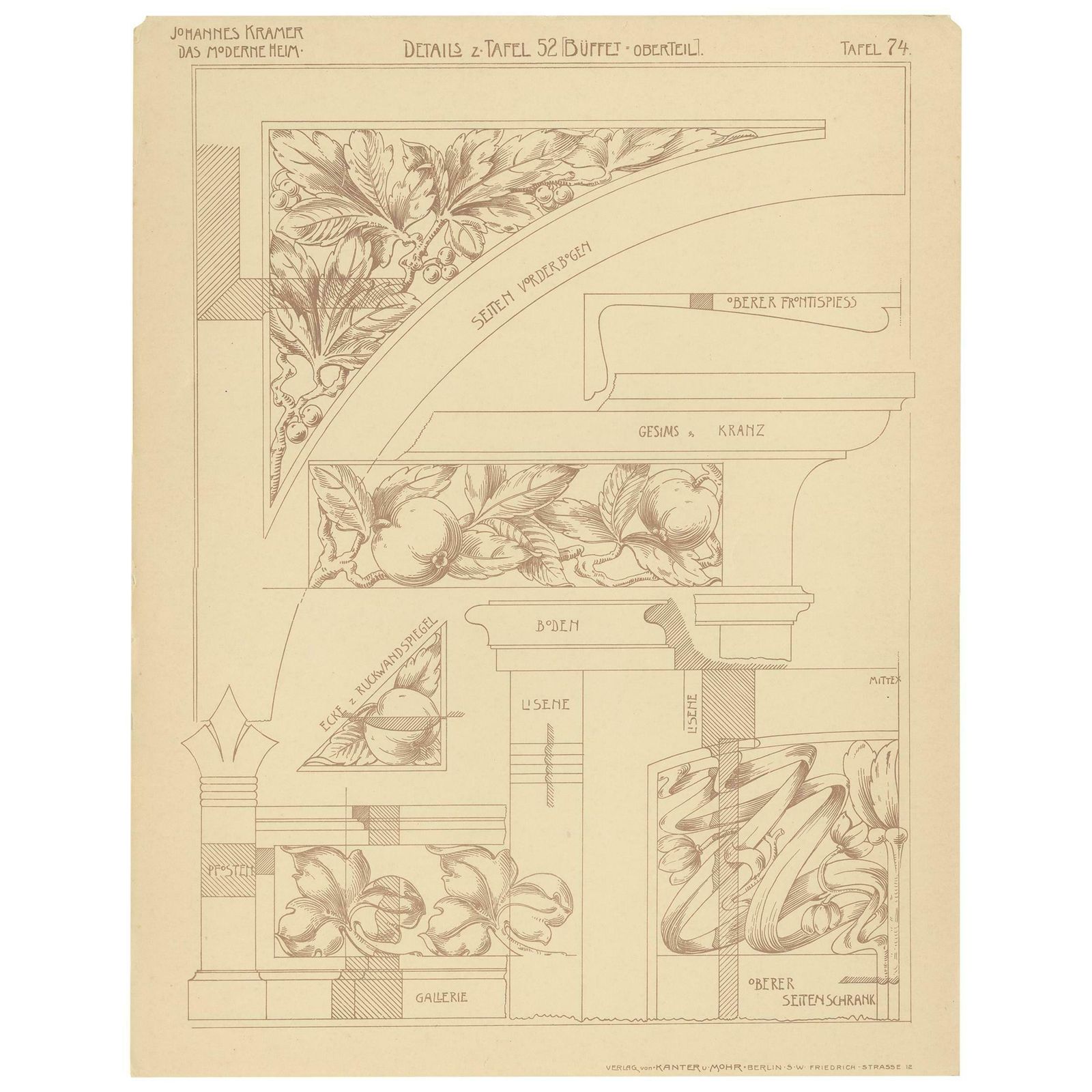 Pl. 74 Antique Print Of Furniture Details By Kramer, Circa 1910