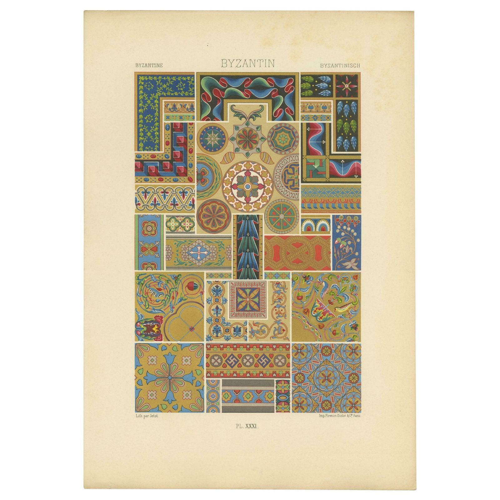 Pl. 31 Antique Print Of Byzantine Ornaments By Racinet, Circa 1890