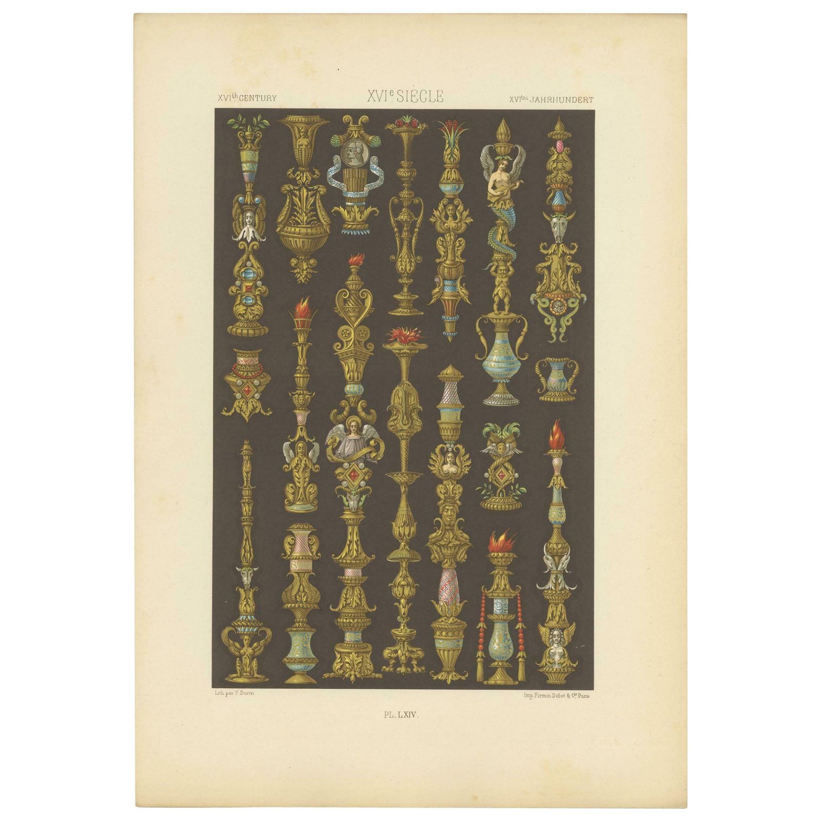 Pl. 64 Antique Print Of Xvith Century Ornaments By Racinet (C.1890)