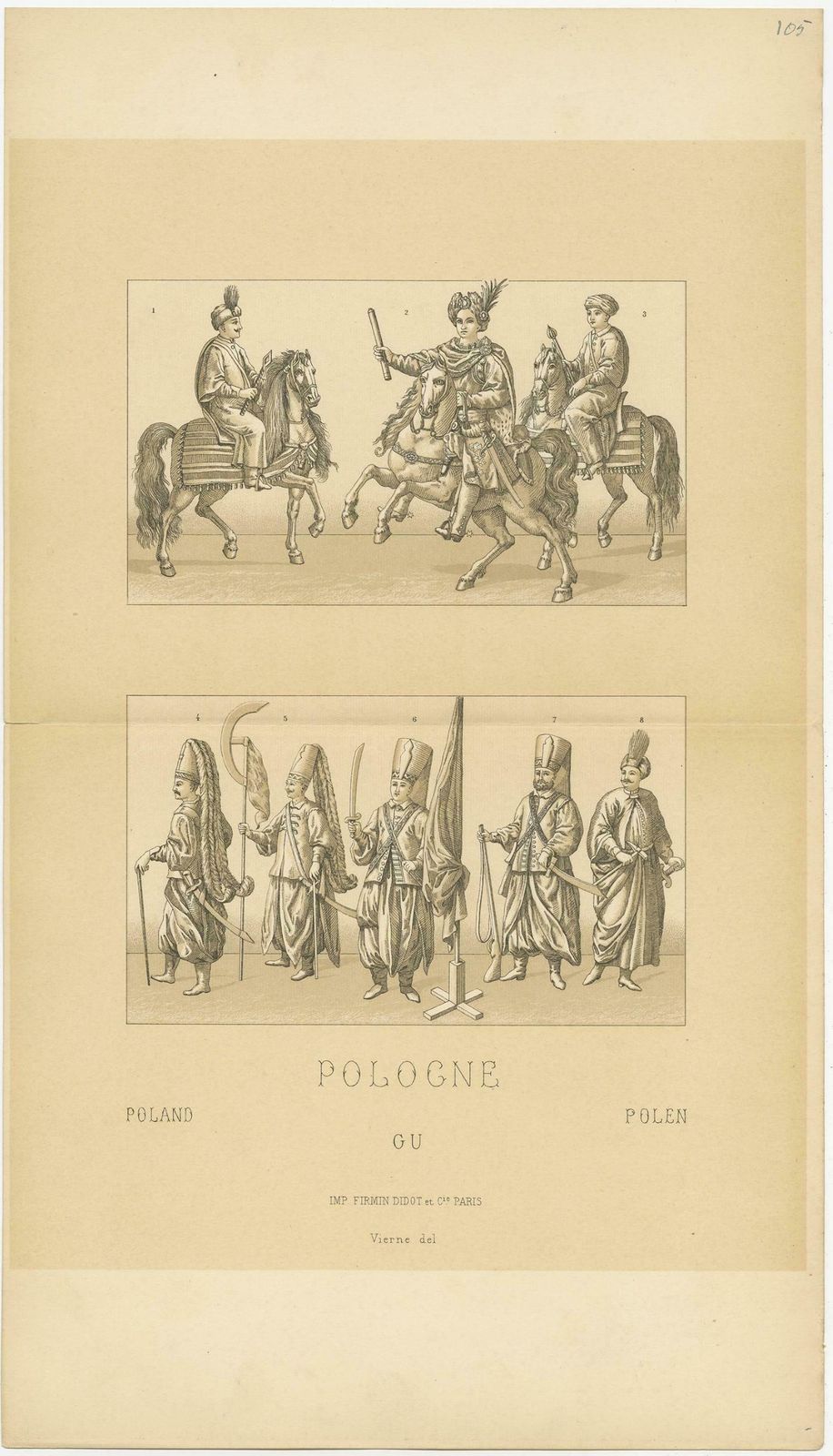Antique Print Of Polish Battle Costumes Racinet, 'Circa 1880' photo for sale
