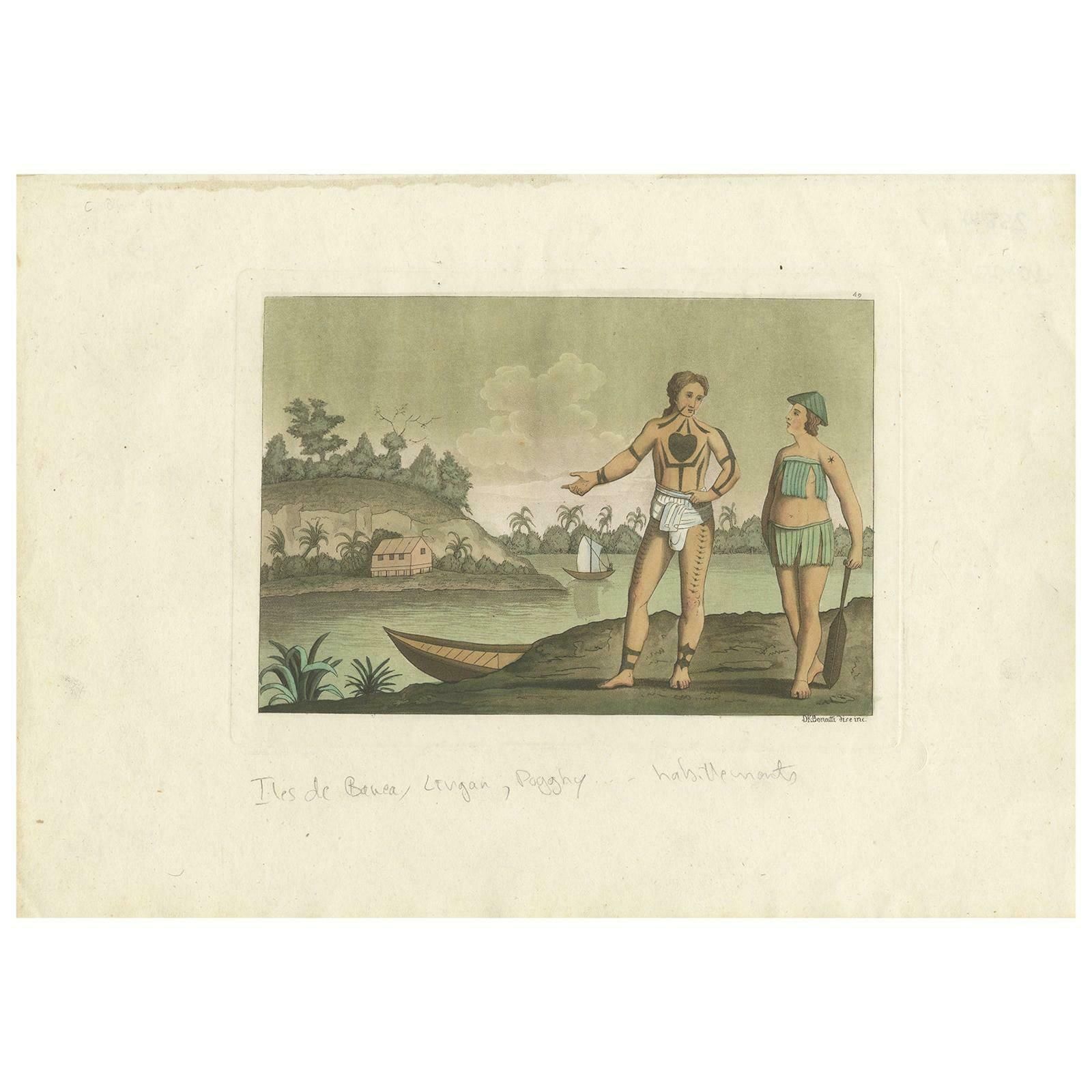 Old Hand Colored Antique Print Of Banae Inhabitants With Body Tattoos, 1827