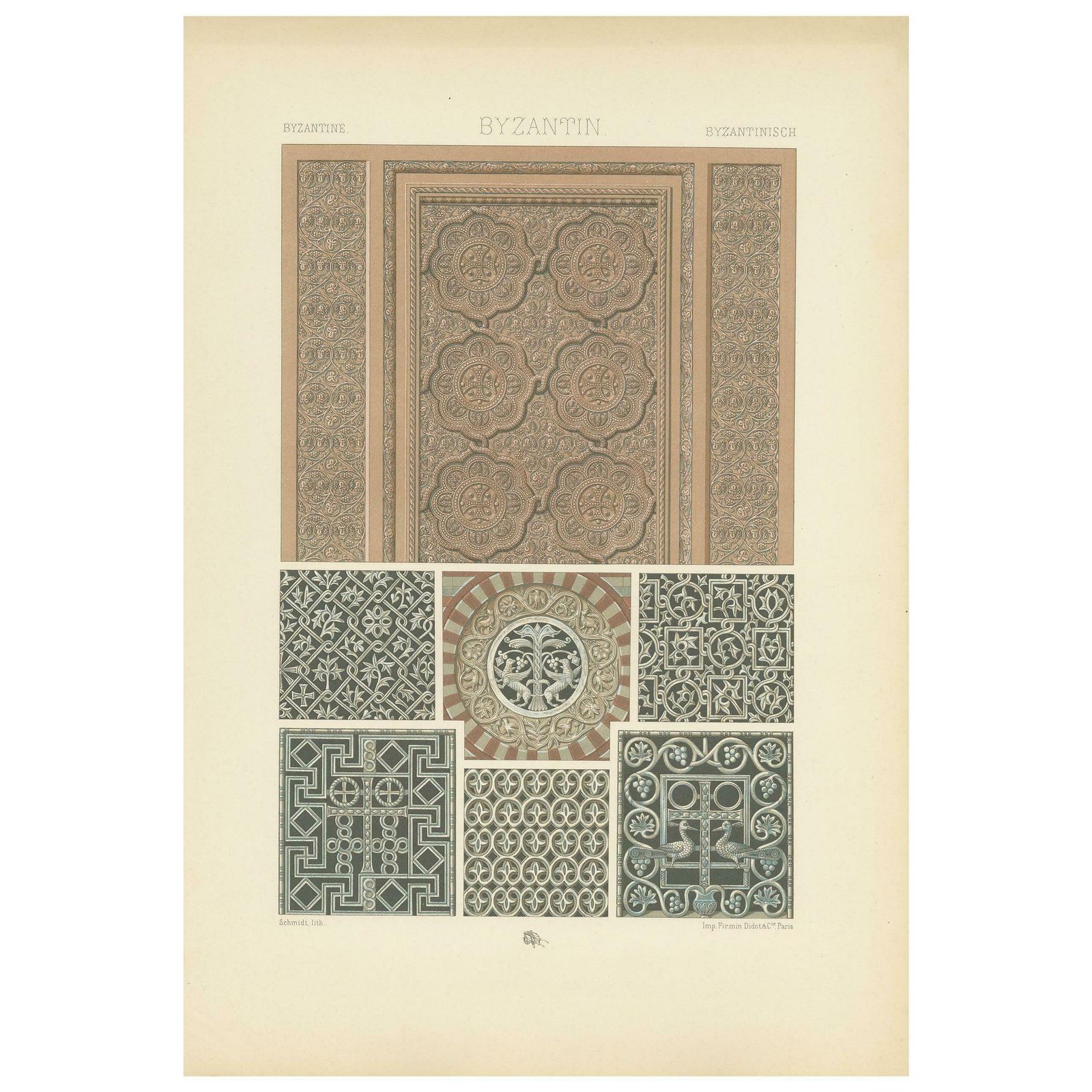 Pl. 40 Antique Print Of Byzantine Architectural Motifs By Racinet, Circa 1890