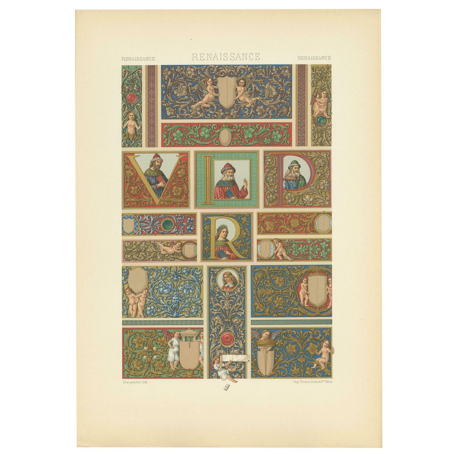 Pl. 76 Antique Print Of Renaissance Panels And Borders By Racinet, Circa 1890