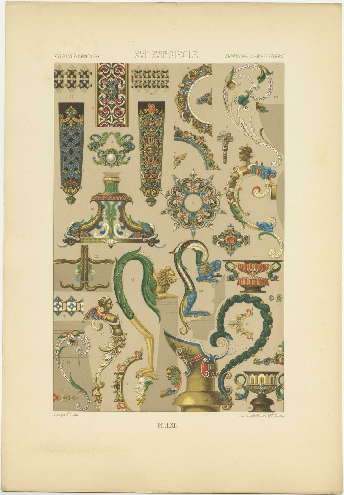 Pl. 62 Antique Print Of 16th 17th Century Ornaments By Racinet, 'Circa 1890' photo furniture